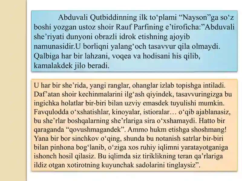 Zamonaviy o'zbek shoirlari asarlarini sharhlab berish.(Abduvali Qutbiddin, Tursun Ali, Iqbol Mirzo, Sirojiddin Sayid) 3