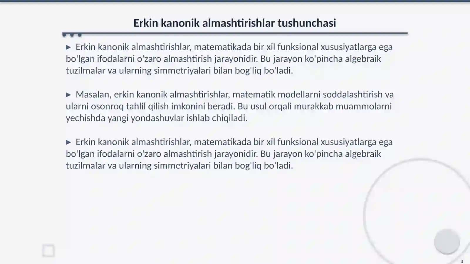 Erkin kanonik almashtirishlar 3