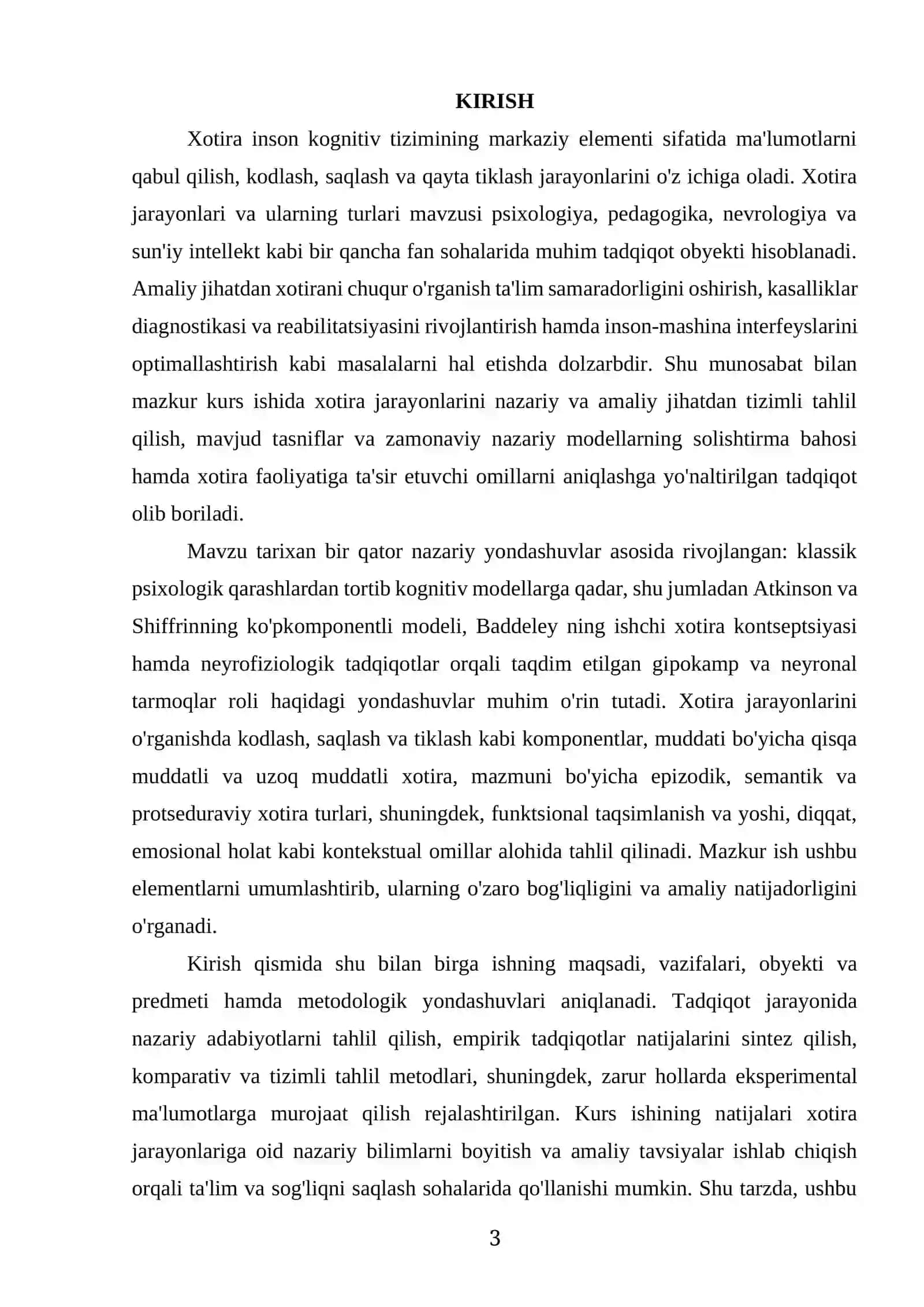 KURS ISHI "XOTIRA JARAYONLARI VA TURLARI" 3