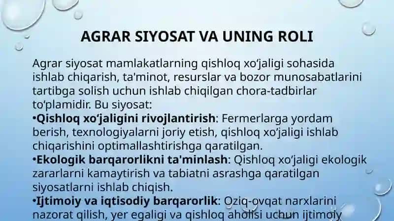 Agrarsiyosat, oziq-ovqat ta'minoti va xavfsizligi muammolari 3
