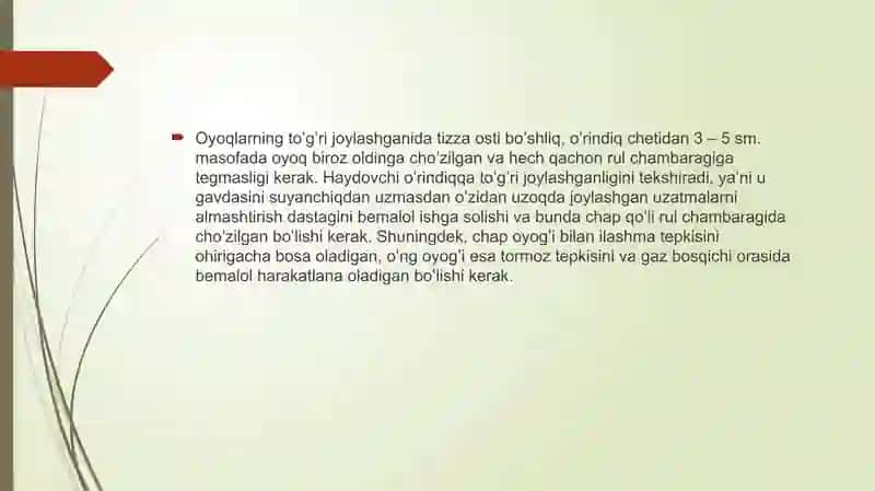 Haydovchining ish o'rni va harakat xavfsizligi 3