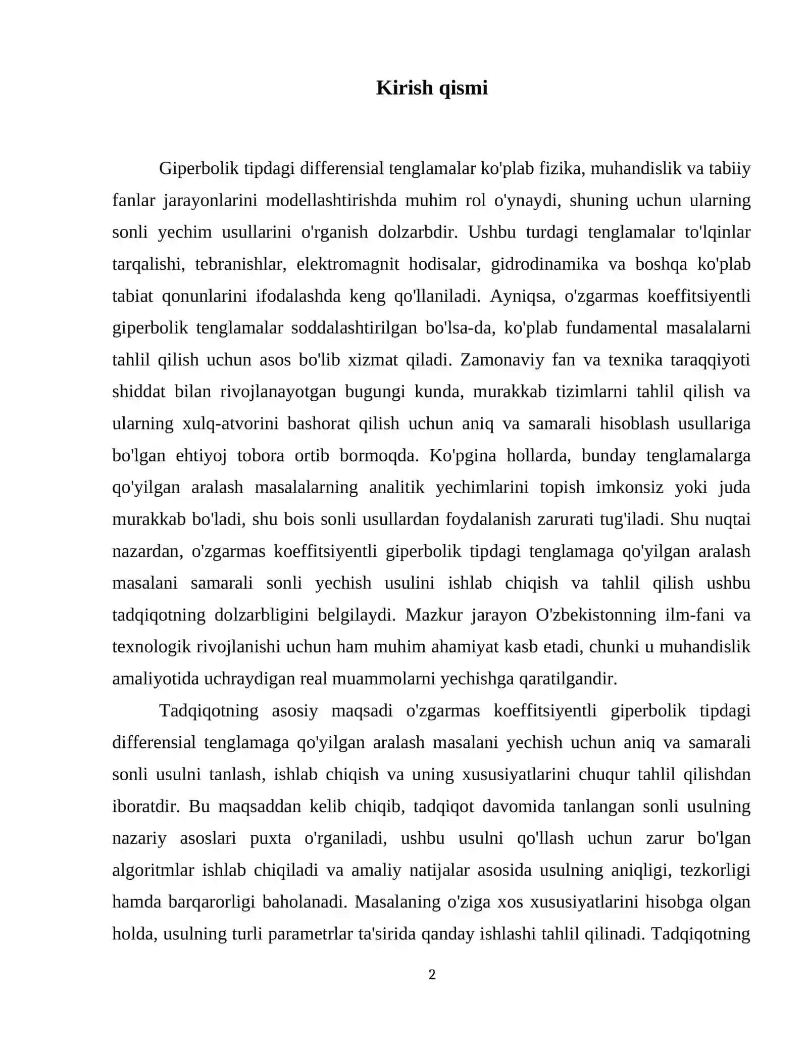 XHDT sonli yechish usullari. Giperbolik tipdagi tenglamaga qo’yilgan aralash masalani sonli yechish usuli(o’zgarmas koeffitsiyentli hol). 3