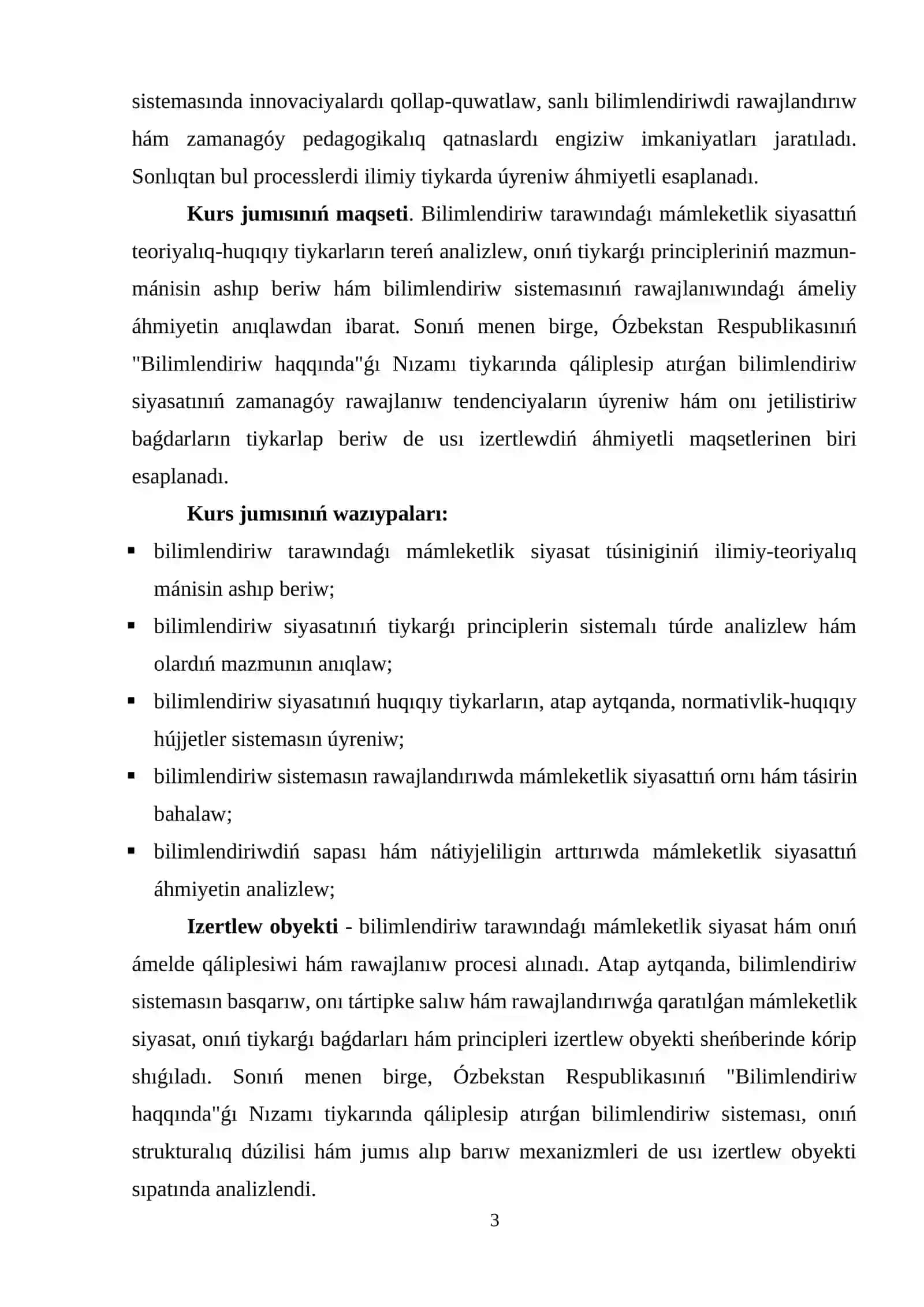 BILIMLENDIRIW TARAWÍNDAǴÍ MÁMLEKETLIK SIYASATTÍŃ TEORIYALÍQ-HUQÍQÍY TIYKARLARÍ 3