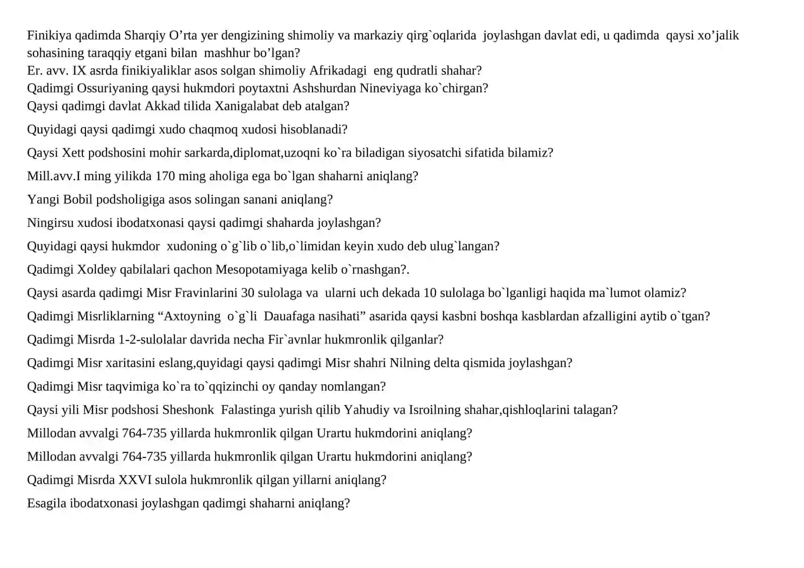 Jahon tarixi fanidan yakuniy nazorat savollari 3