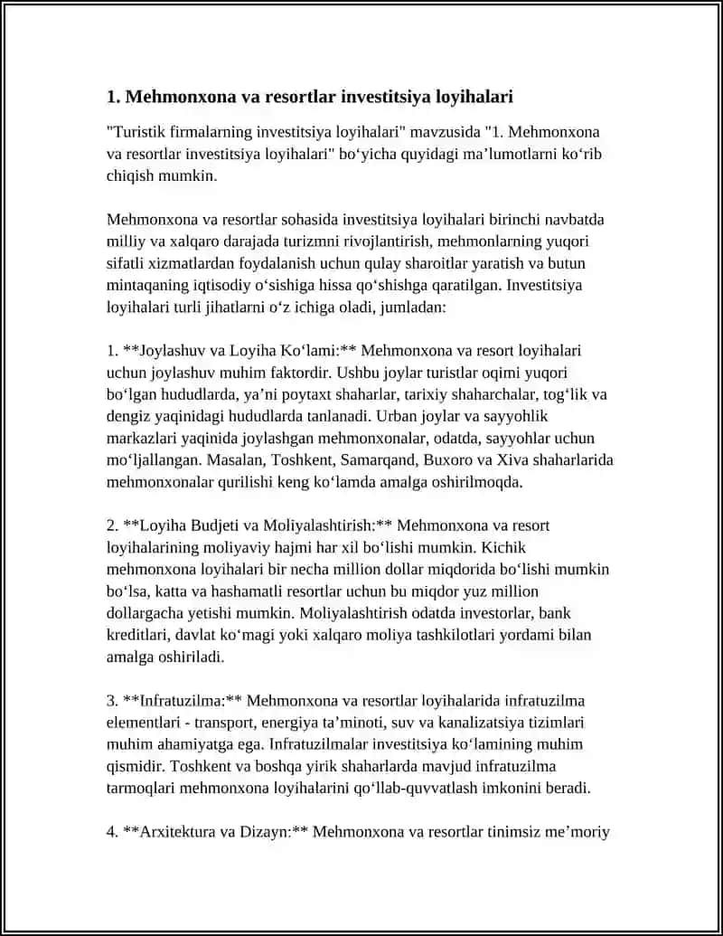 TURISTIK FIRMALARNING INVESTITSIYA LOYIHALARI 3