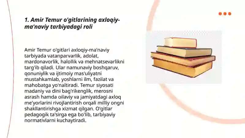 Amir Temur o'gitlarining tarbiyaviy ahamiyati. Alisher Navoiyning pedagogik qarashlari 3