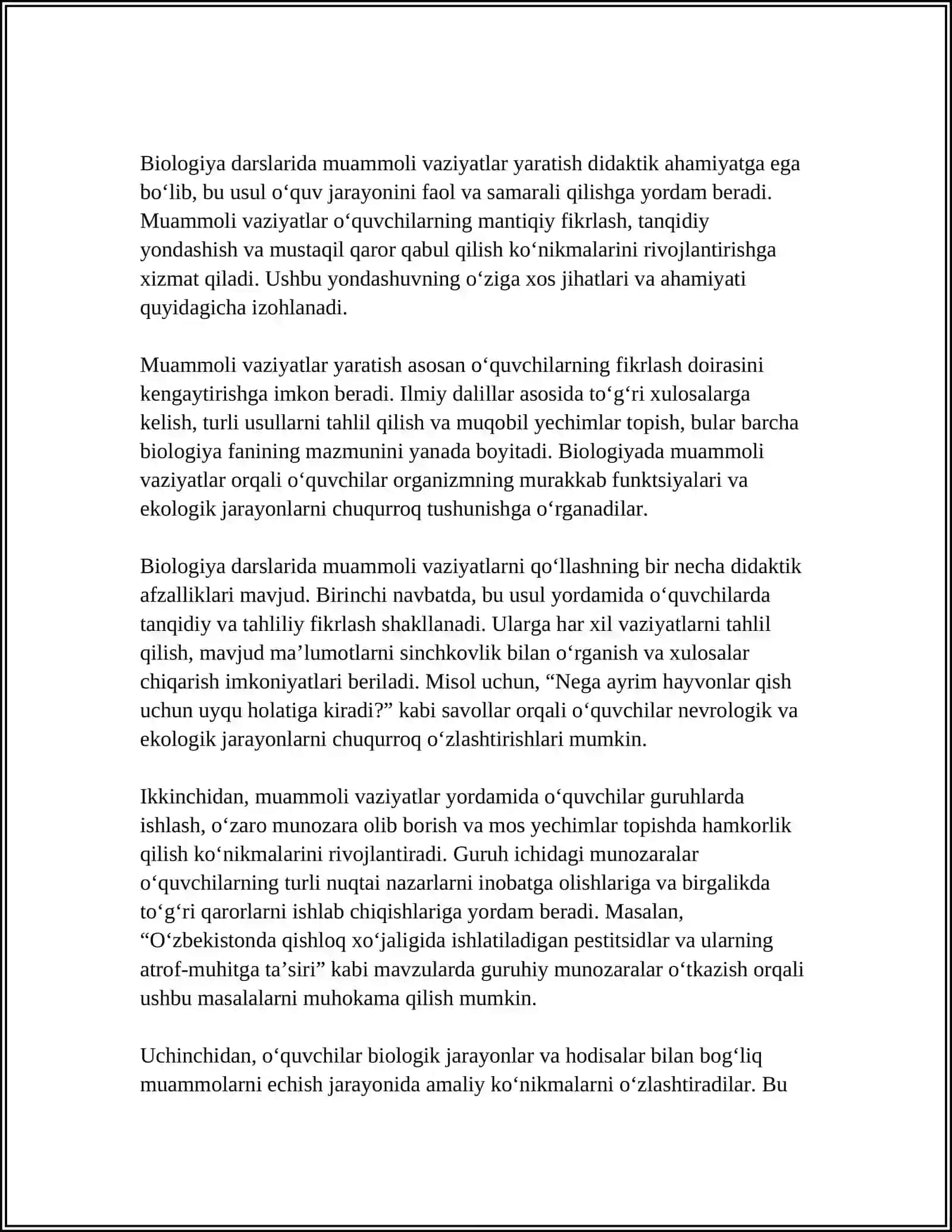 BIOLOGIYA DARSLARIDA MUAMMOLI VAZIYATLAR YARATISH USLUBLARINING AHAMIYATI 3
