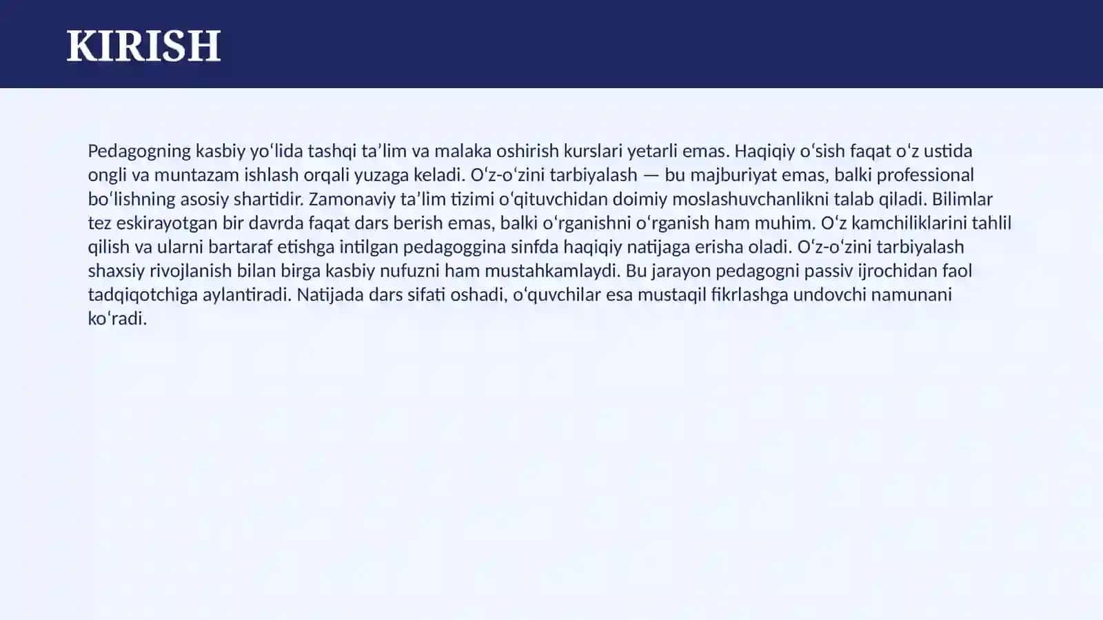 PEDAGOGNING KASBIY SHAKLLANISHIDA O’Z-O’ZINI TARBIYALASH AHAMIYATI 3