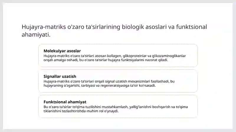 Yalliglanishni tizimli tasirlari. Hujayradan tashqari matriks va hujayra-matriks ozaro tasiri. Toqima regeneratsiyasi mexanizmi. 3