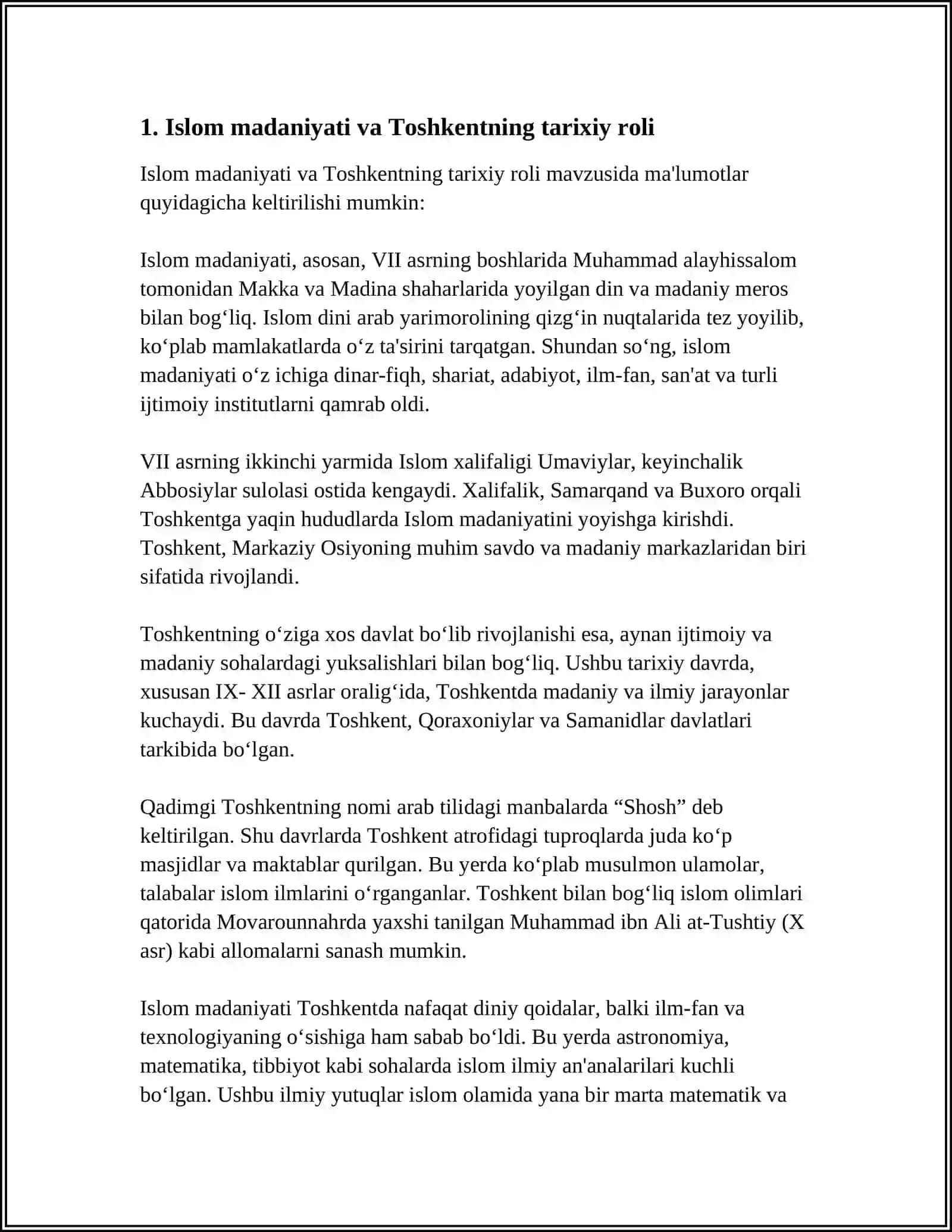 MUSTAQIL ISH Mavzu: 2007-YIL TOSHKENT -ISLOM MADANIYATI POYTAXTI DEB EʼLON QILINISHINING MAZMUNINI VA MOHIYATI 3