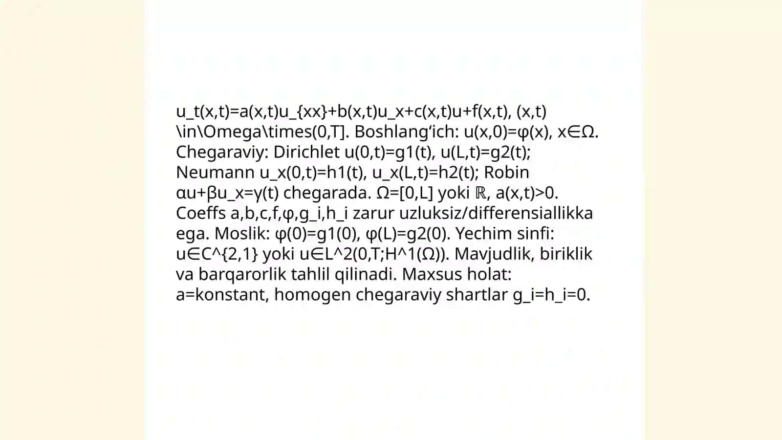 Parabolik tipdagi tenglamalar uchun boshlangʻich va chegaraviy shartlar 3