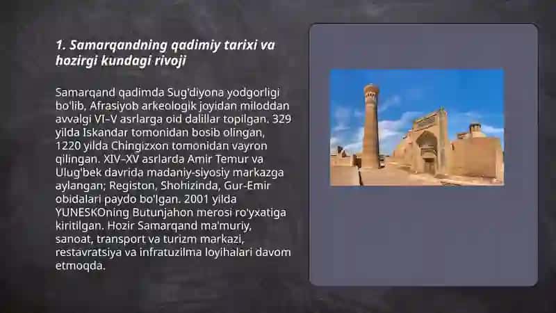 Samarqandning qadimiy tarixi va hozirgi kundagi rivoji 3