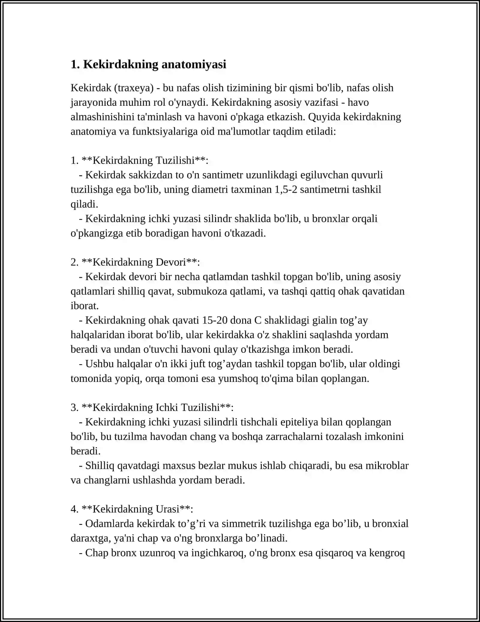MUSTAQIL ISH Mavzu: KEKIRDAK, PLEVRA, OʻPKA, KOKS ORALIGʻI 3