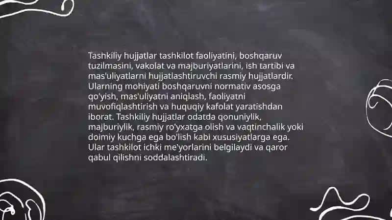 Tashkiliy hujjatlarning vazifasi. Tashkiliy hujjatlarning turlari 3