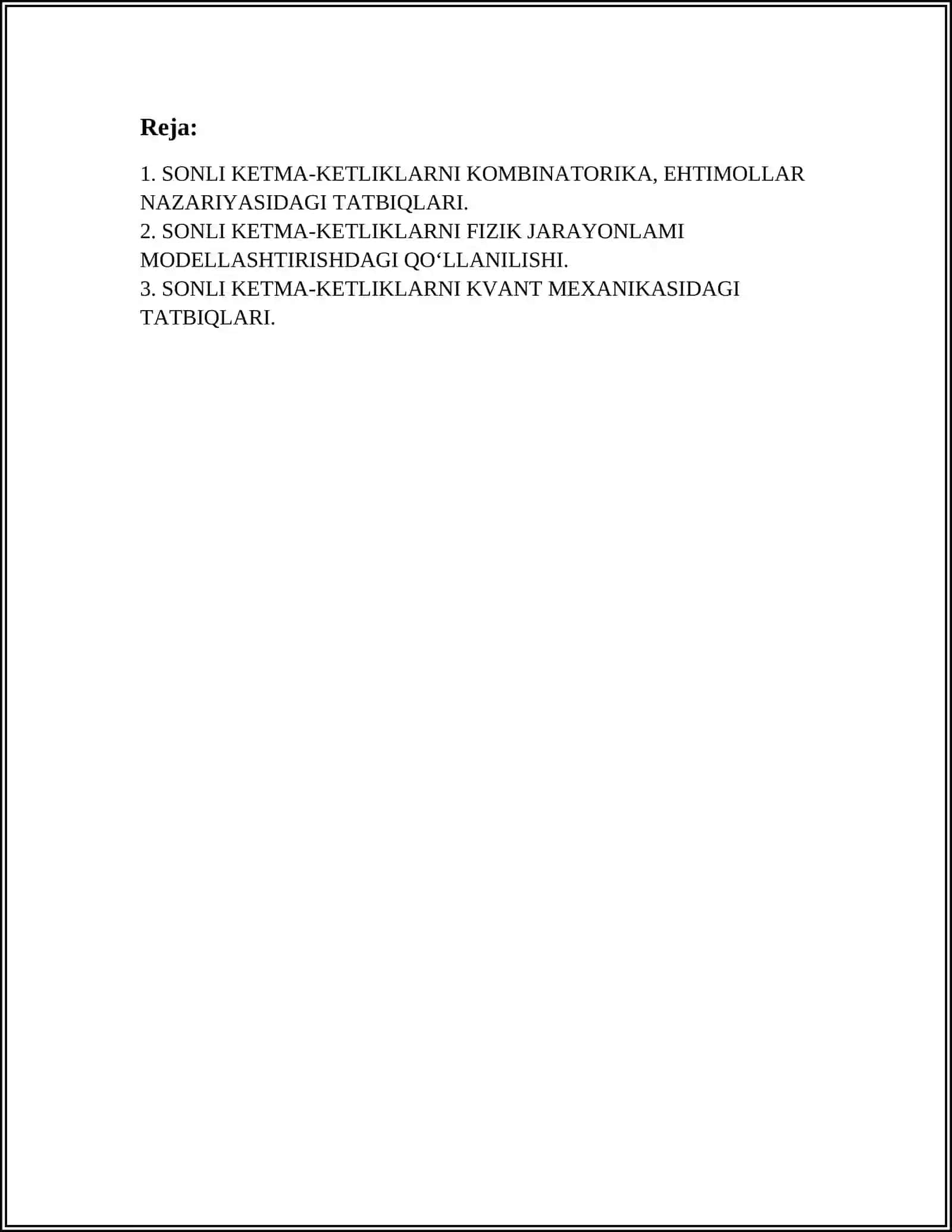SONLI KETMA-KETLIKLARNI KOMBINATORIKA, EHTIMOLLAR NAZARIYASIDAGI TATBIQLARI 3