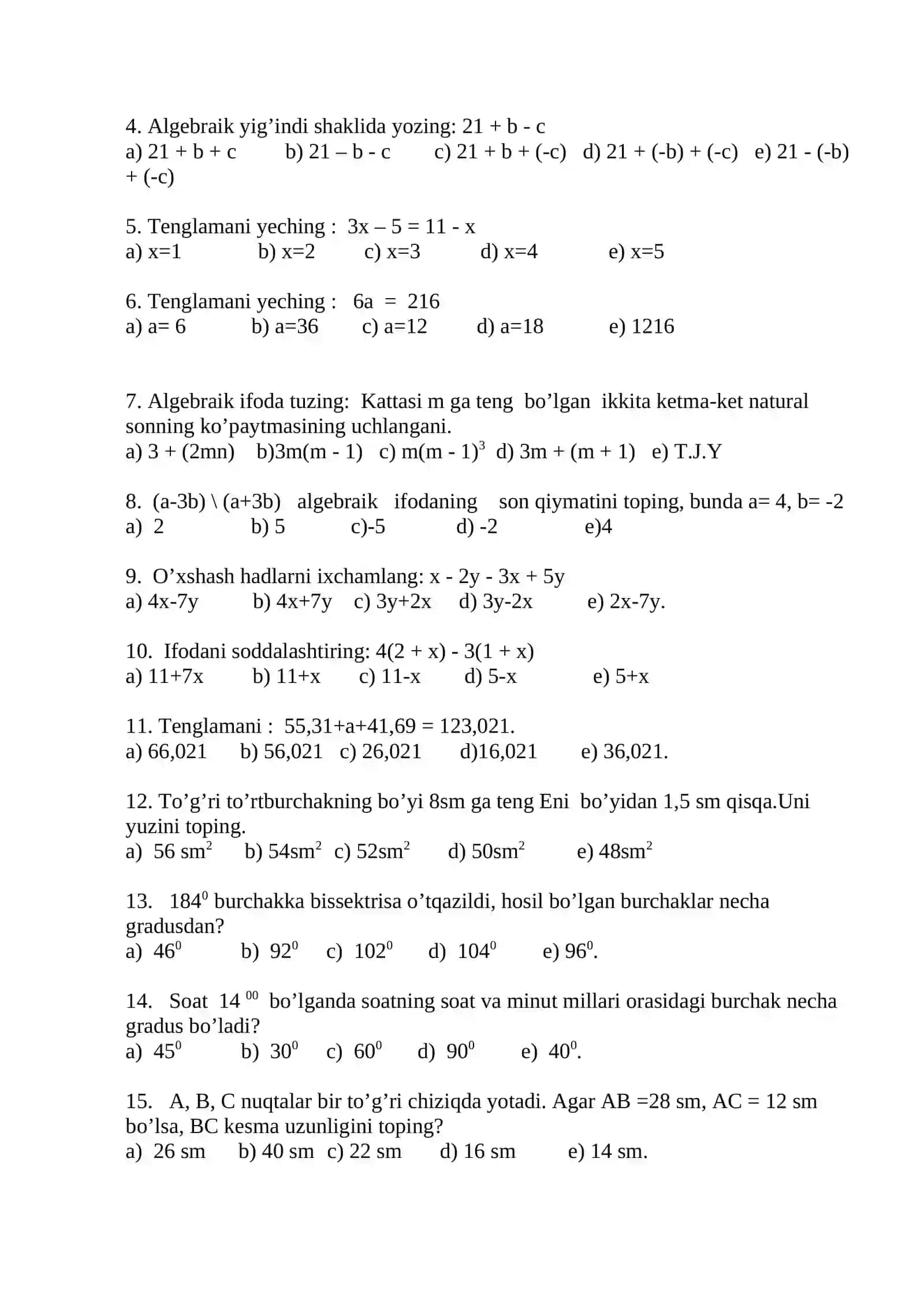 7 - sinf uchun matematika fanidan ochiq testlar 3