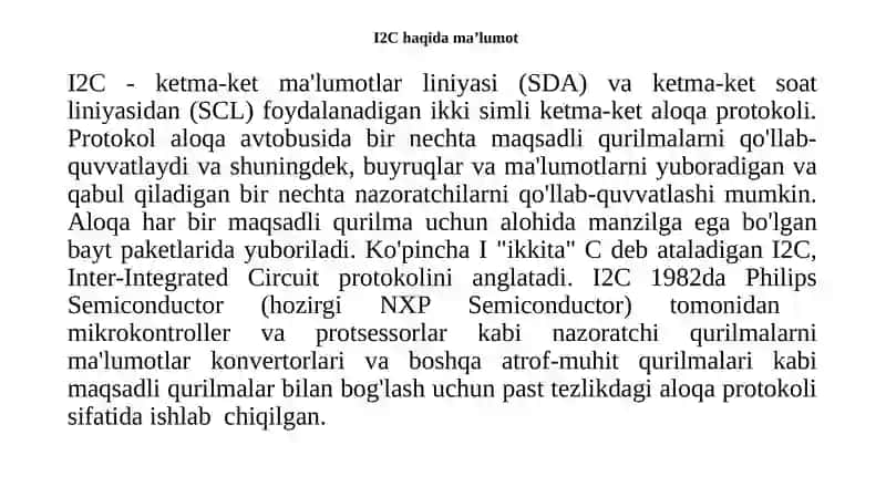 Ma’lumotlarni I2C orqali LCD va boshqa mikrokantrollerga uzatish qurilmasi 3