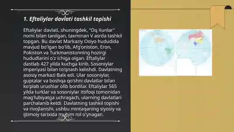 Eftaliylar davlati tashkil topishi va shakllanishi, ijtimoiy tuzumi, davlat tuzumi, huquq tizimi. Turk hoqonligi tashkil topishi va shakllanishi, ijtimoiy tuzumi, davlat tuzumi. Huquq tizimi. 3