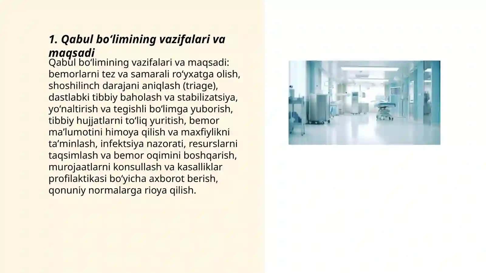 Kasal xonalarda qabul boʻlimi, muolaja xonasi, tramatalogiya boʻlimi haqida umumiy maʼlumot 3