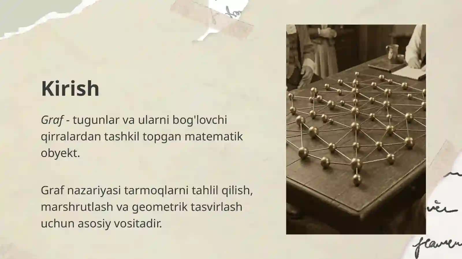 Graflar nazariyasi haqida umumiy ma’lumot. Graflarning berilish usullari: geometrik ifodalanishi.Graflar ustida amallar. Grafning bog`lamligi.Eyler va Gamilton graflari 3