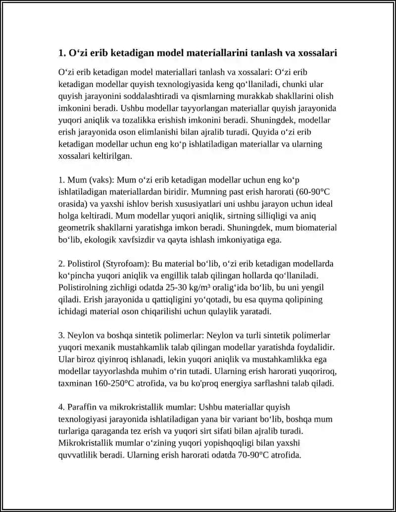OʻZI ERIB KETADIGAN MODELLAR BOʻYICHA QUYISH TEXNOLOGIYASINI TANLASH VA XISOBLASH 3