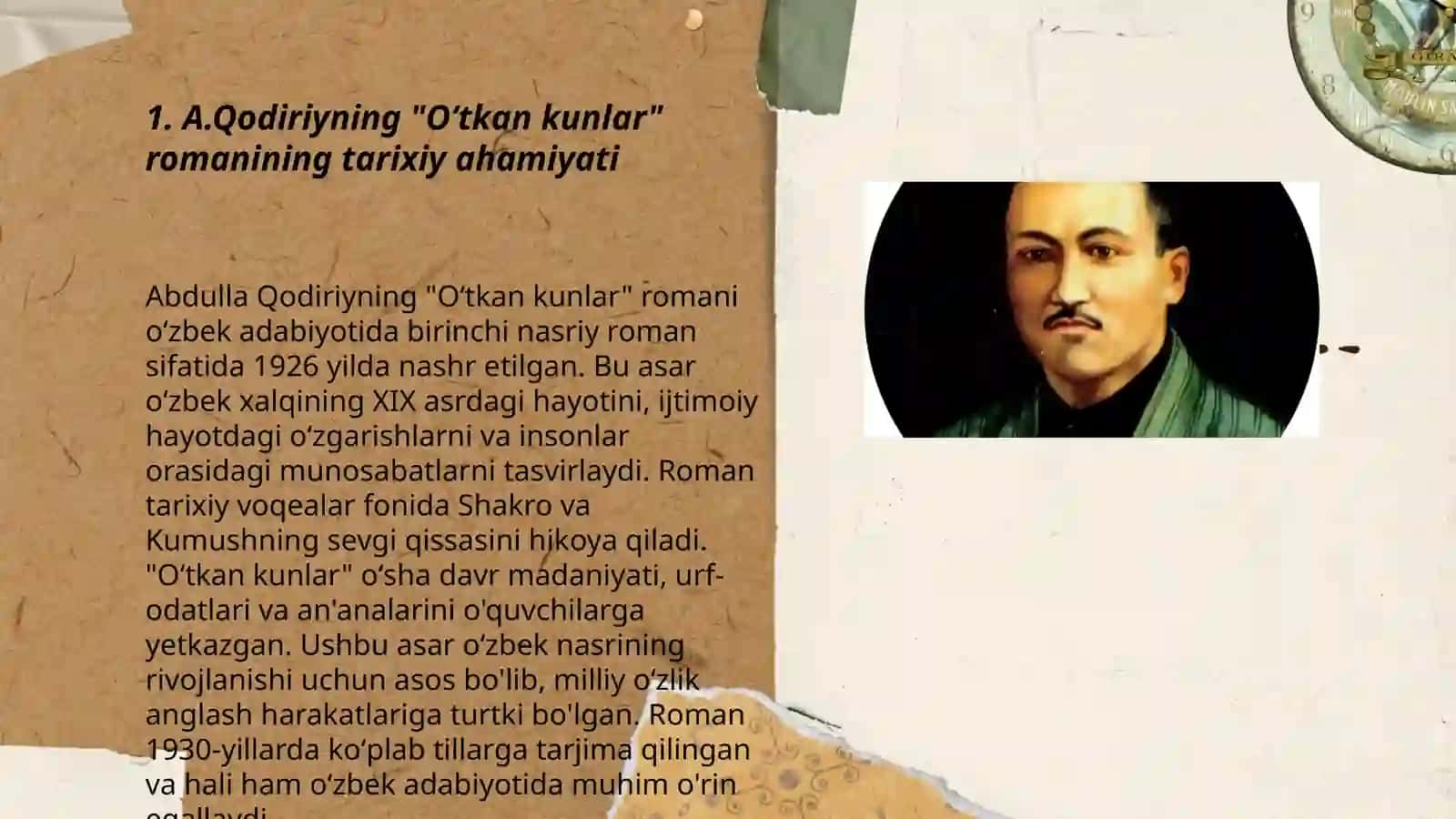 A.Qodiriyning “Oʻtkan kunlar”romani, “Uloqda” hikoyasi,“Kalvak Mahzumning xotira daftaridan”,“Toshpoʻlat tajang nima deydi” kabi hajviyalari tahlili 3