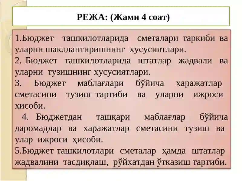 Бюджет Ташкилотларида Сметалар Ҳамда Штатлар Жадвалини Тузиш, Тасдиқлаш ва Тақдим Этиш Тартиби 3