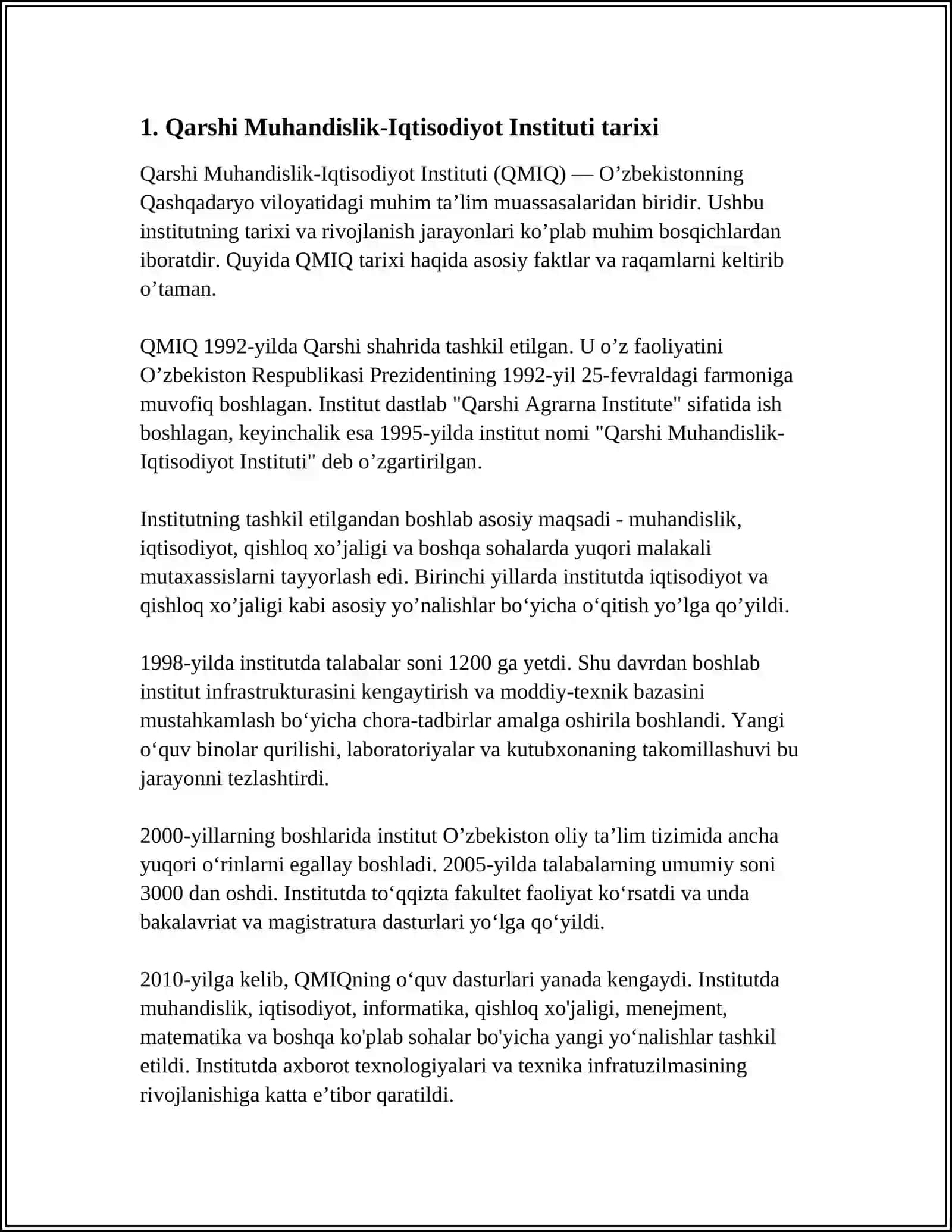 MUSTAQIL ISH Mavzu: QARSHI MUHANDISLIK IQTISODIYOT INSTITUTI 3