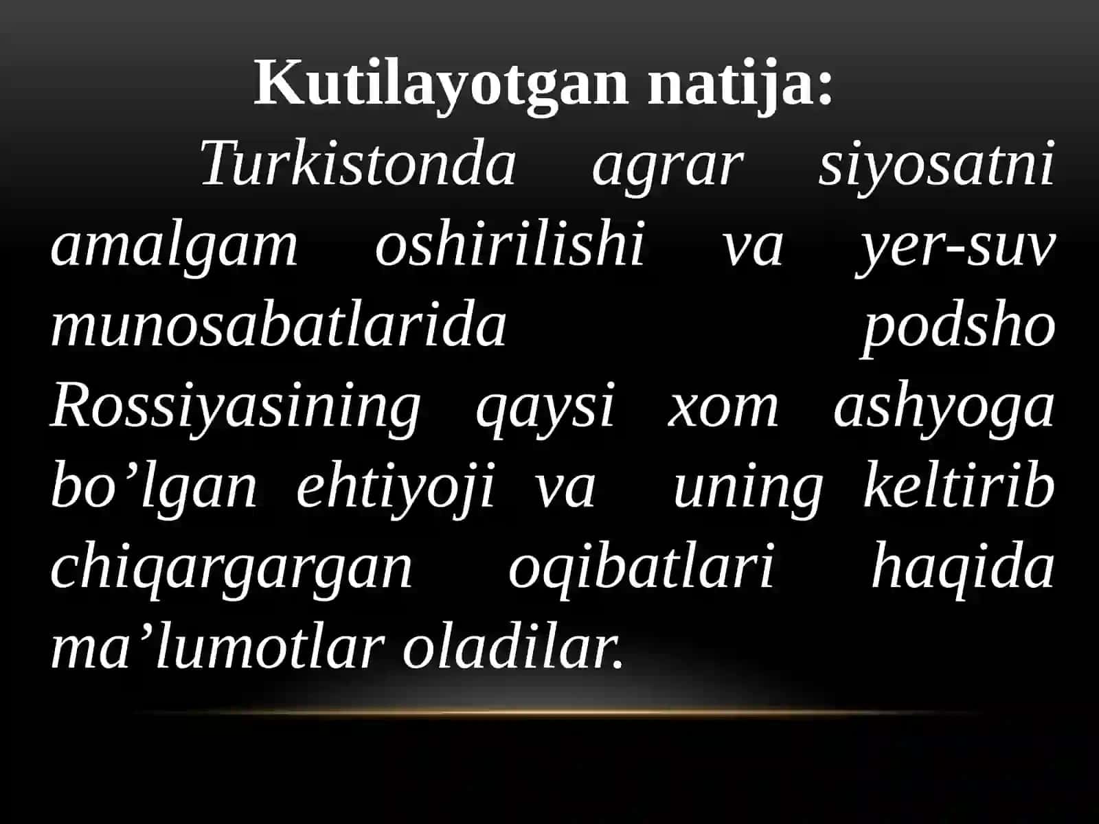 Dars ishlanmasi "Turkiston o`lkasida Rossiya imperiyasining Yer suv siyosati" mavzusida 3