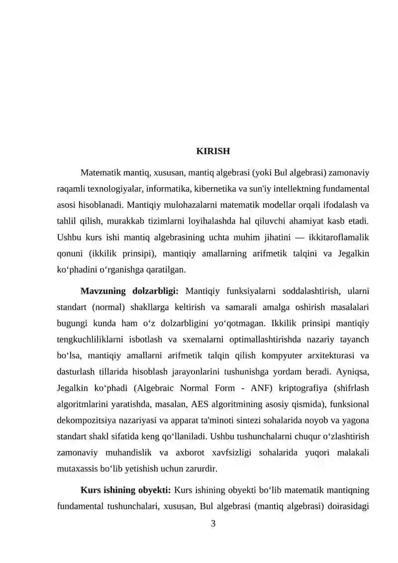 MANTIQ ALGEBRASIDAGI IKKI TARAFLAMALIK QONUNI. MANTIQ ALGEBRASIDAGI ARIFMETIK AMALLAR. JEGALKIN KO‘PHADI 3