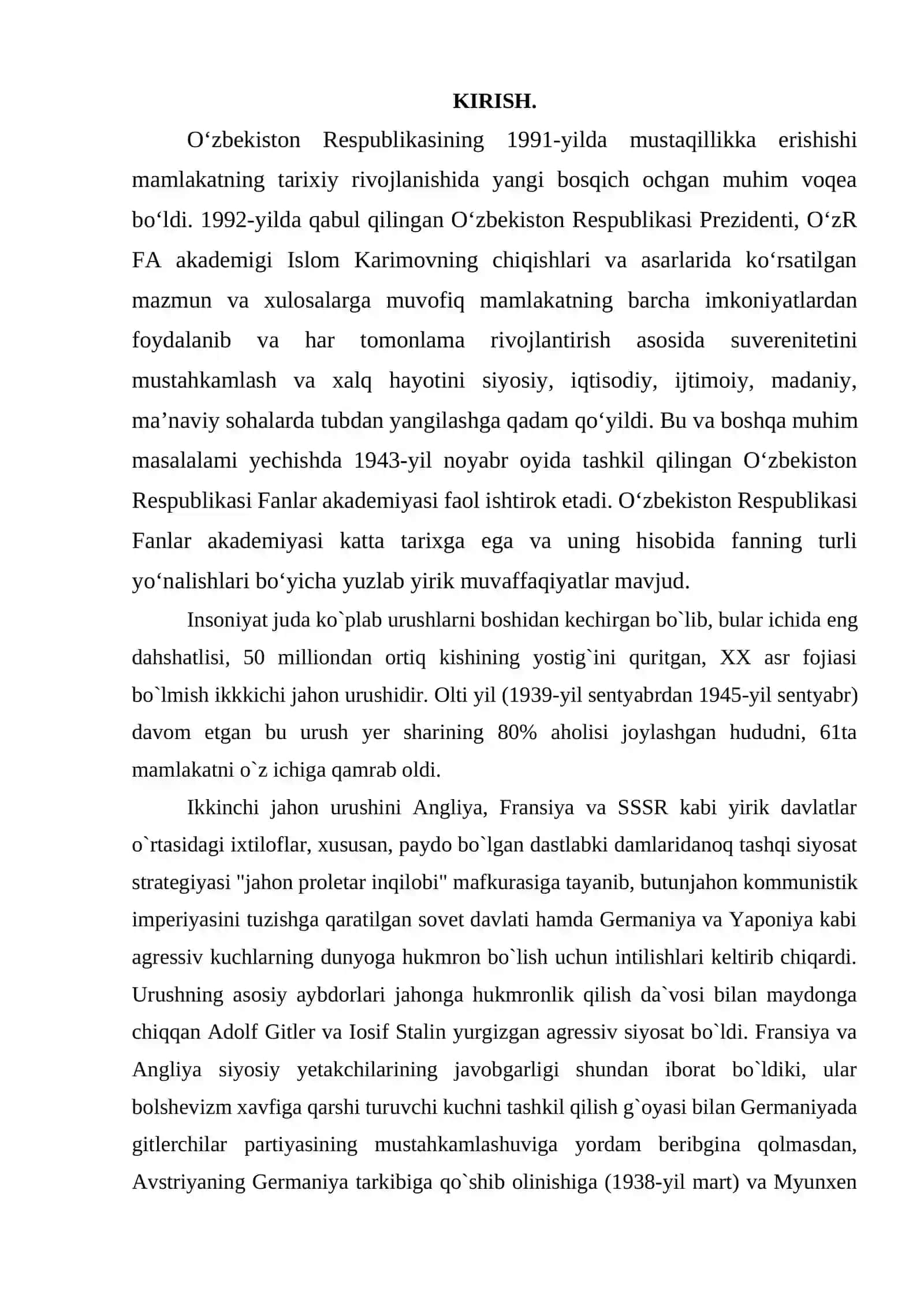 Ikkinchi jahon urushi yillarida O`zbekiston Fanlar Akademiyasining ochilishi va uning faoliyati 3