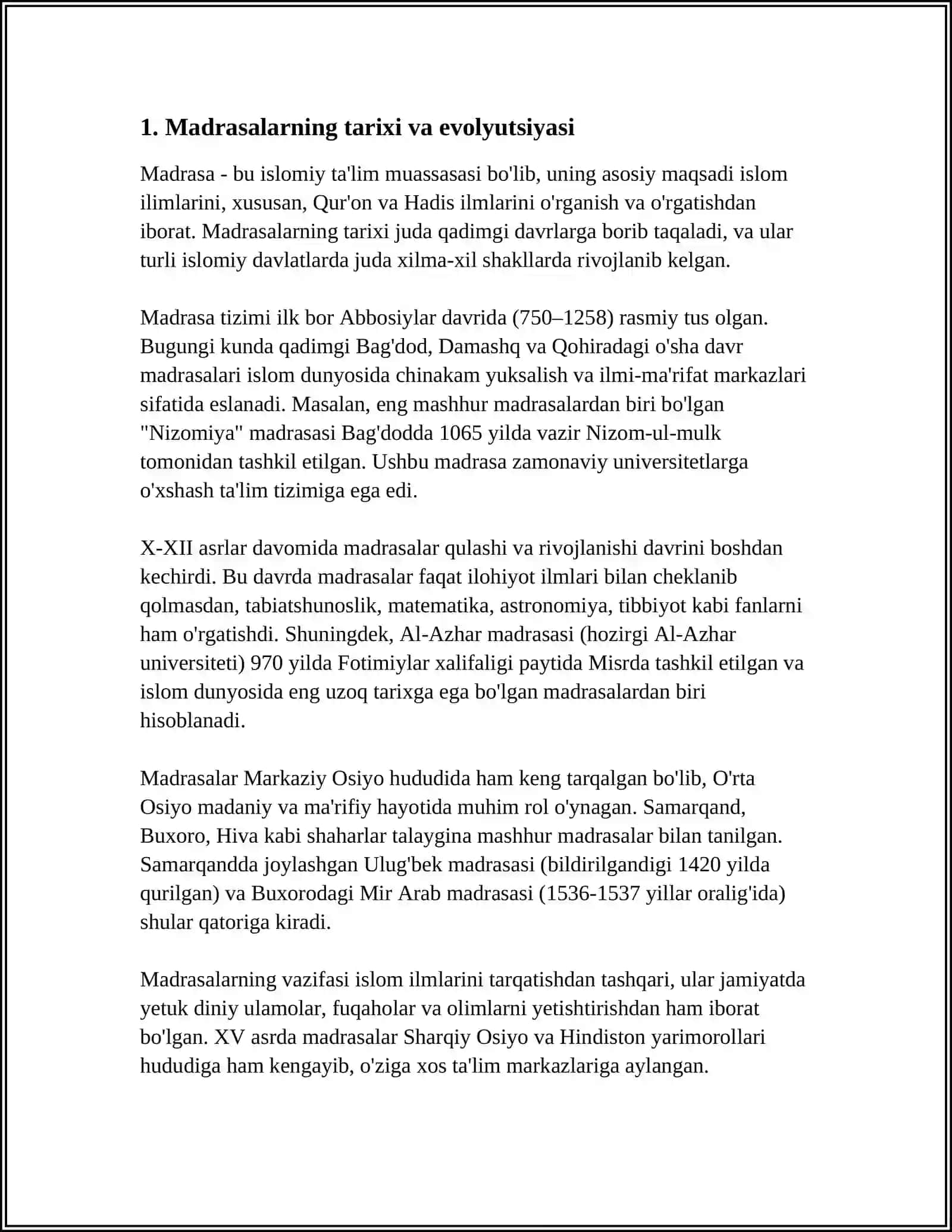 HOZIRGI KUNDA OʻZBEKISRONDA FAOLIYAT OLIB BORAYOTGAN MADRASALAR HAQIDA MAʼLUM 3
