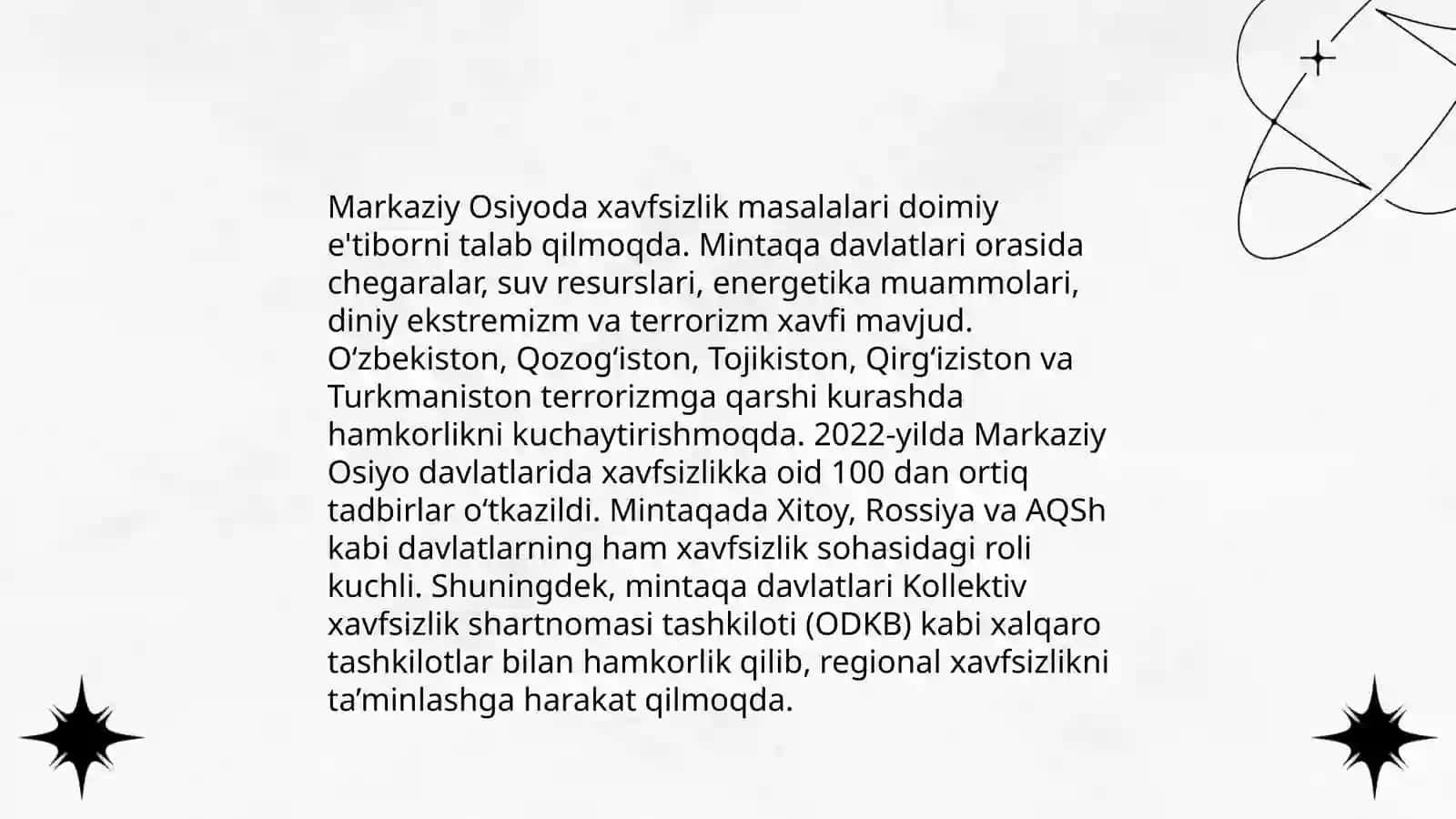 oʼzbekistonning markaziy osiyoda tinchlik va barqarorlikni taminlashdagi oʻrni 3