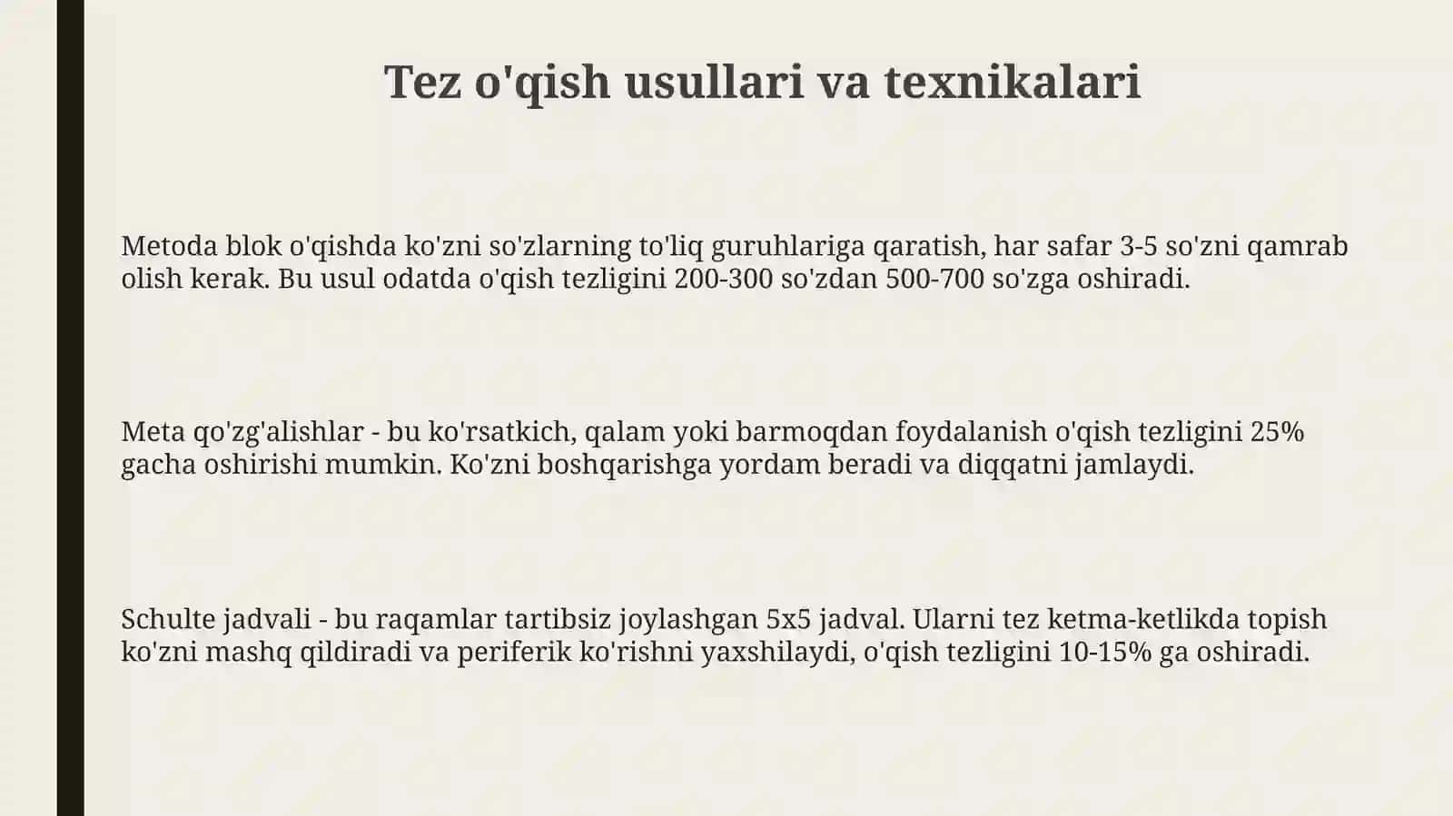Tez oʻqishga oʻrgatish usullari 3
