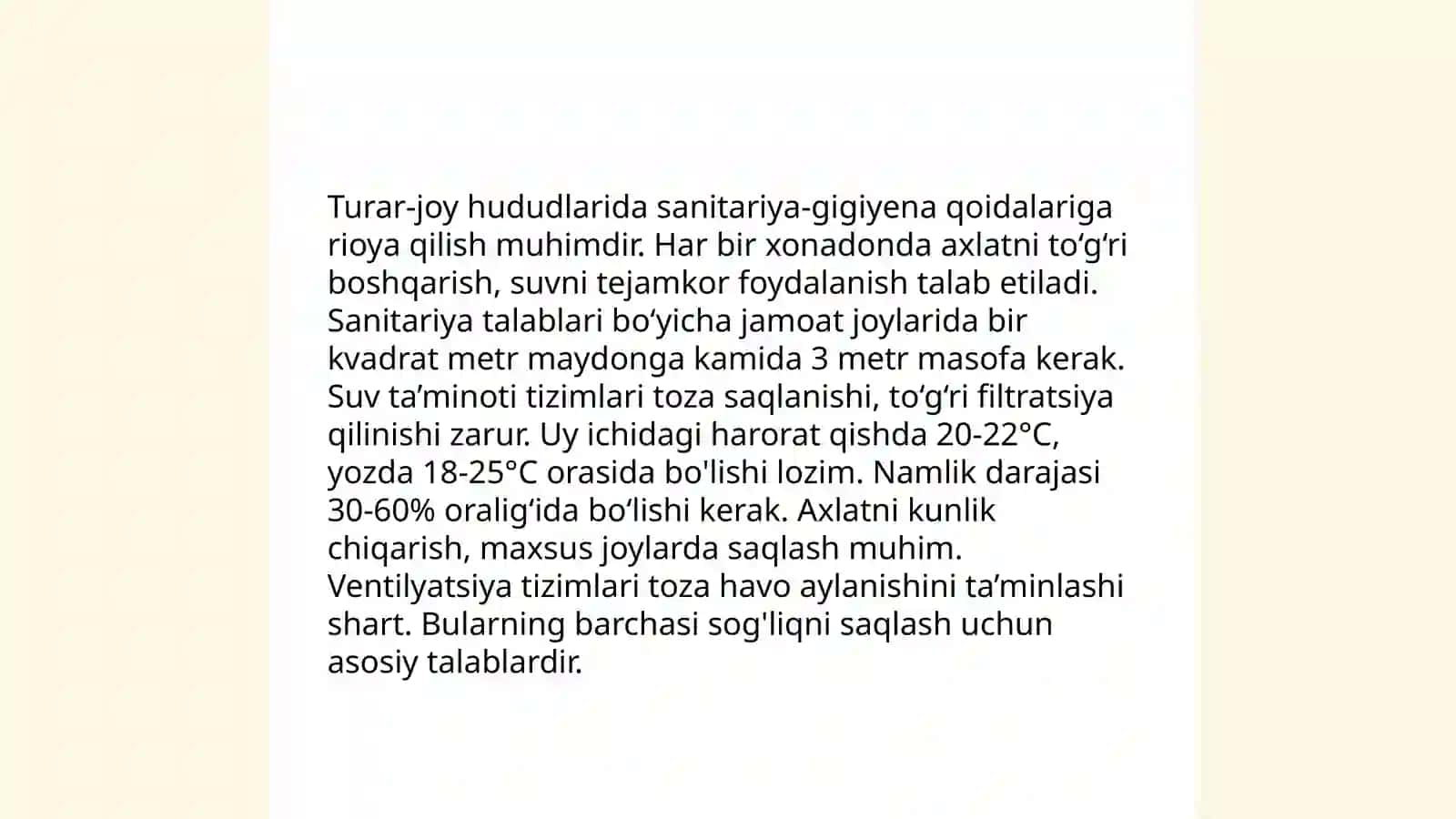 Zamonaviy turar-joylar va shaharlardagi yashash mavzelariga bòlgan gigiyenik talablar 3