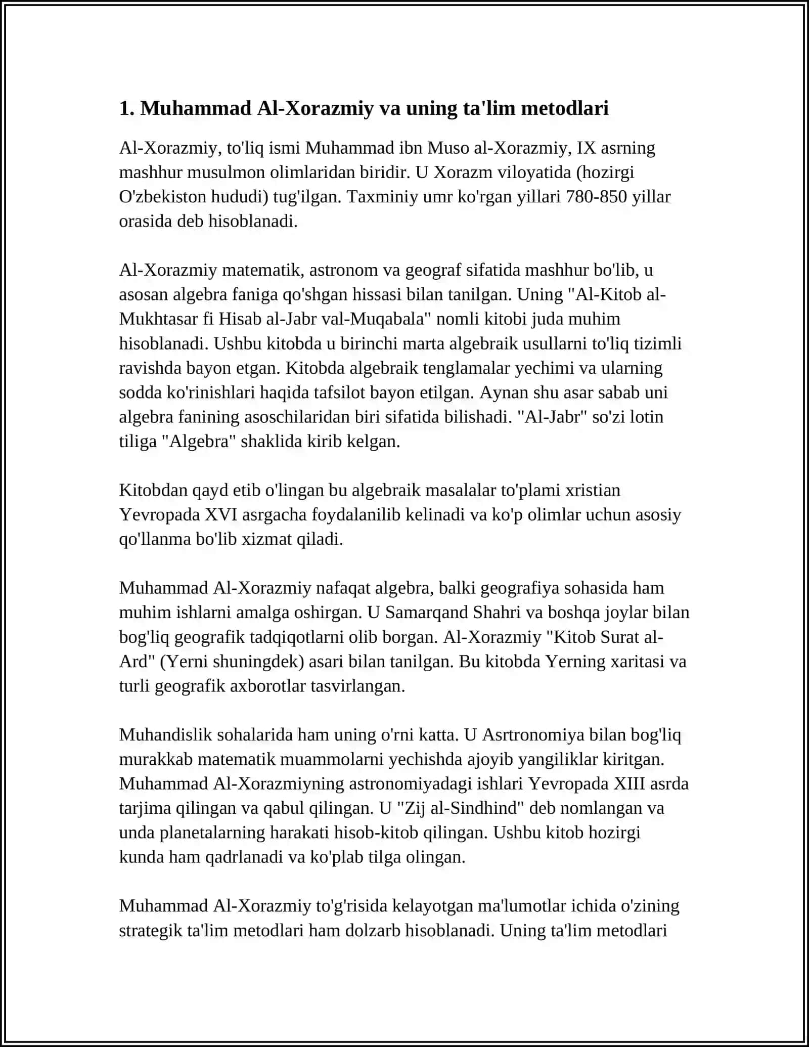 SHARQ MUTAFAKKIRLARI MUHAMMAD AL XORAZMIY, ABU RAYHON BERUNIY, ABU NASR FOROBIY, ABU ALI IBN SINO VA BOSHQALARNING TAʼLIM METODLARI 3