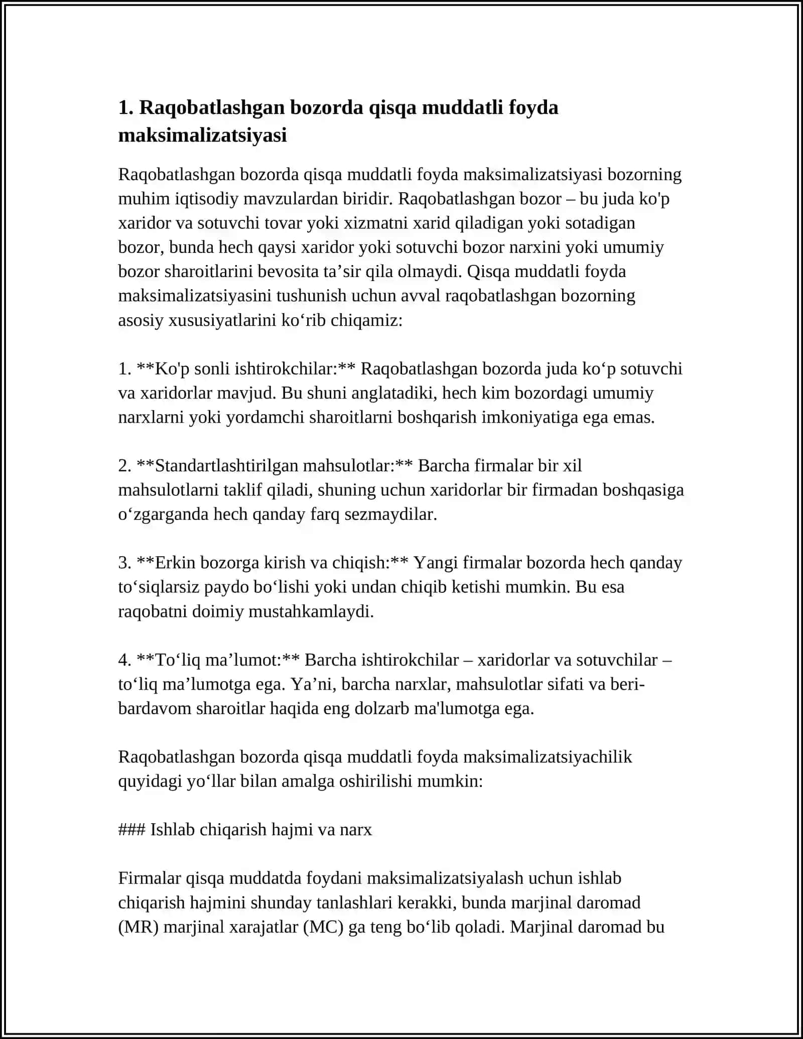 RAQOBATLASHGAN BOZORDA QISQA MUDDATLI ORALIGDA FIRMA FOYDASINI MAKSIMALASHTIRISH VA UNING TARIFI 3