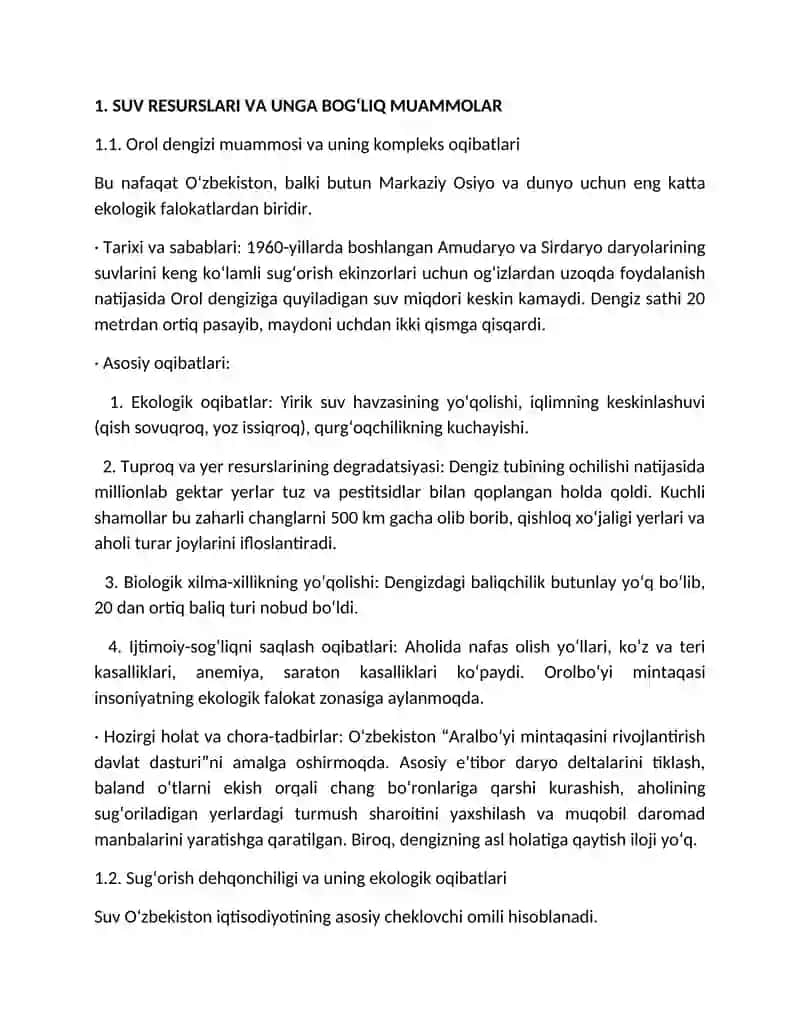 Oʻzbekiston Respublikasining ekologik muammolari: sabablari, oqibatlari va yechim yoʻllari 3