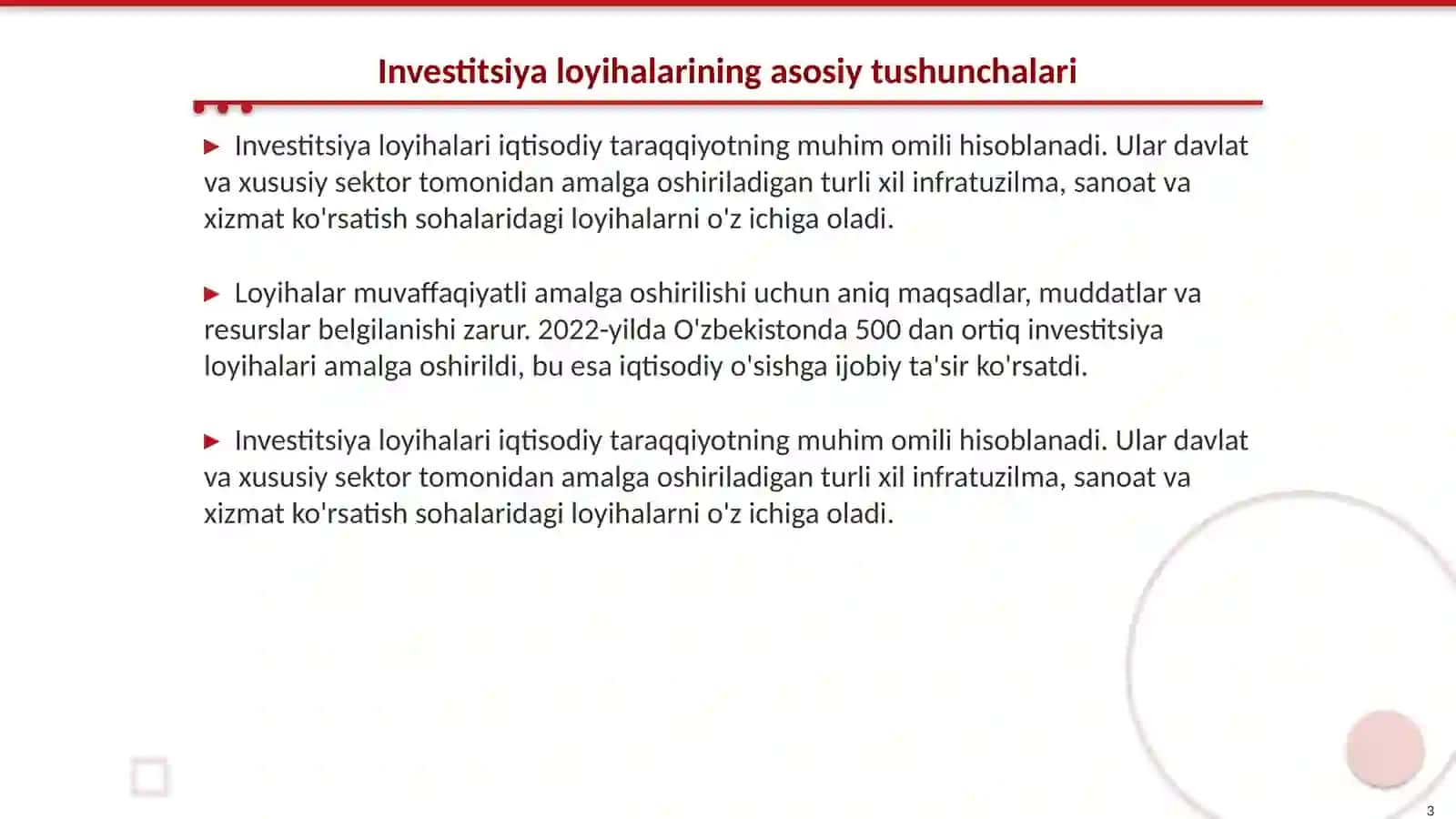 Investitsiyalarni loyihalarini amalga oshirish va moliyalashtirish jarayonlari monitoringi 3
