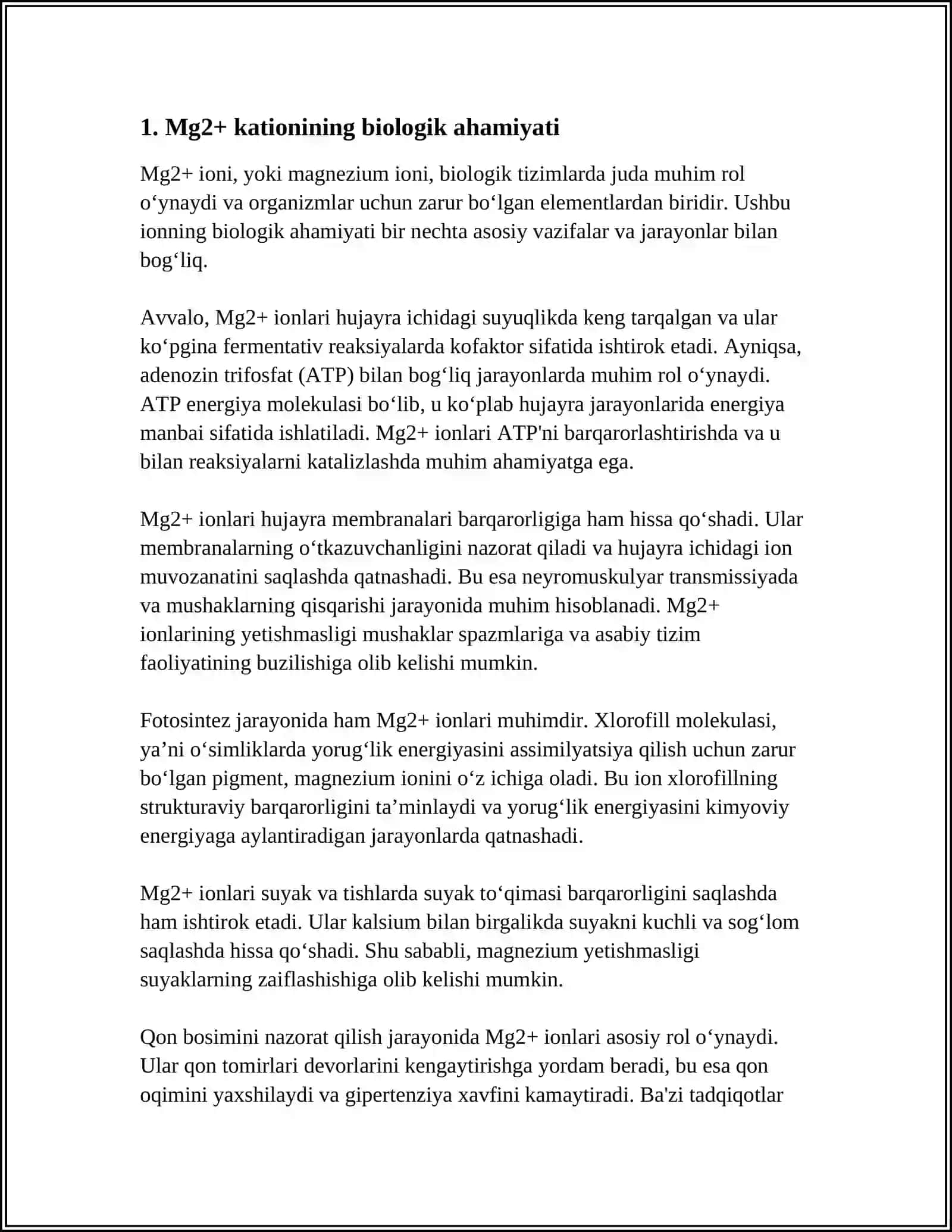 MG2 KATIONINI ORGANIZMDAGI AHAMIYATI, TIBBIYOTDA QOʻLLANILISHI VA DORI VOSITALARI TARKIBIDA SIFAT HAMDA MIQDORNI ANIQLASH 3