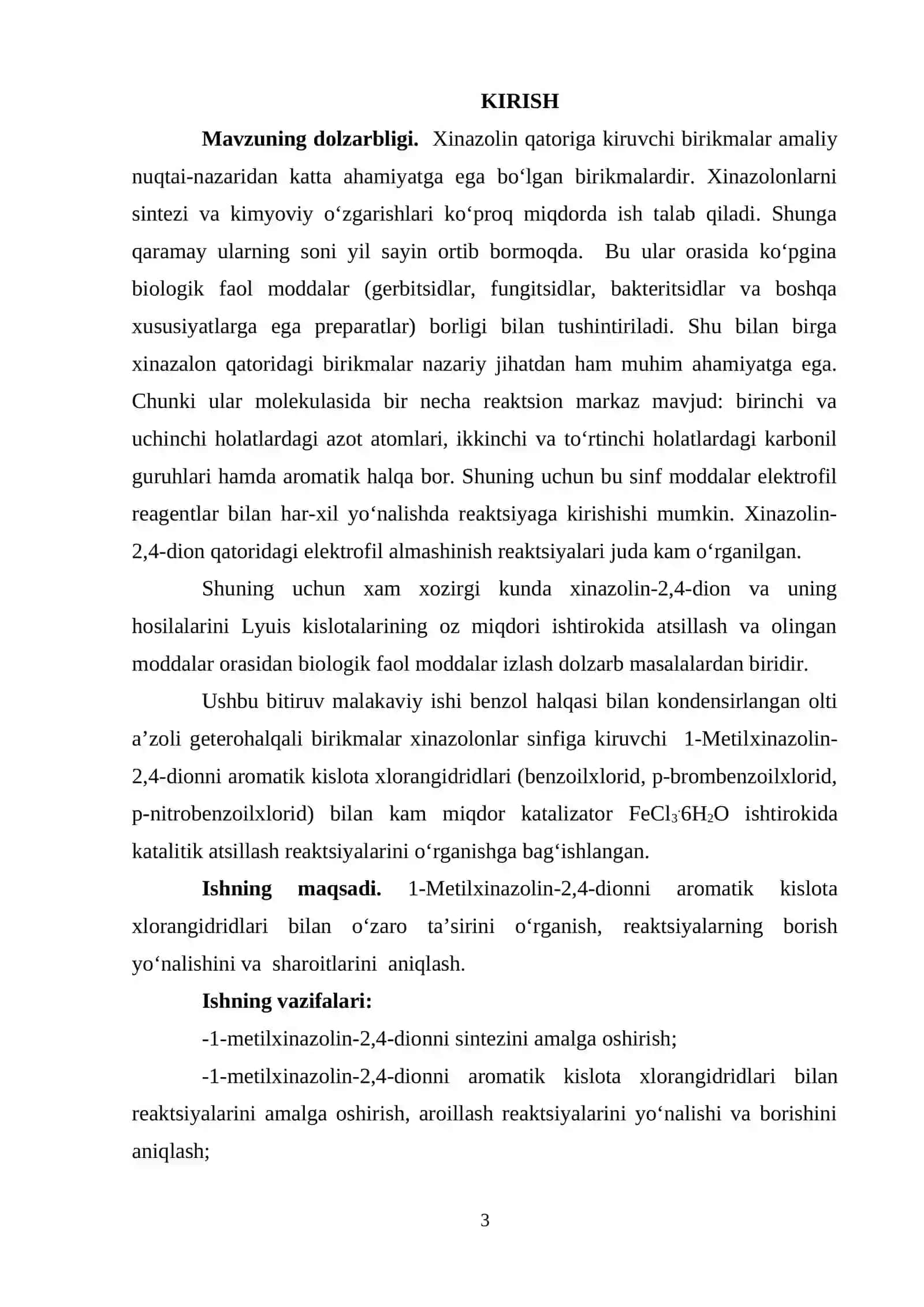 1-metilxinazolin-2,4-dionni fecl3.6h2o katalizatori ishtirokida aromatik kislota xlorangidridlari bilan atsillash 3