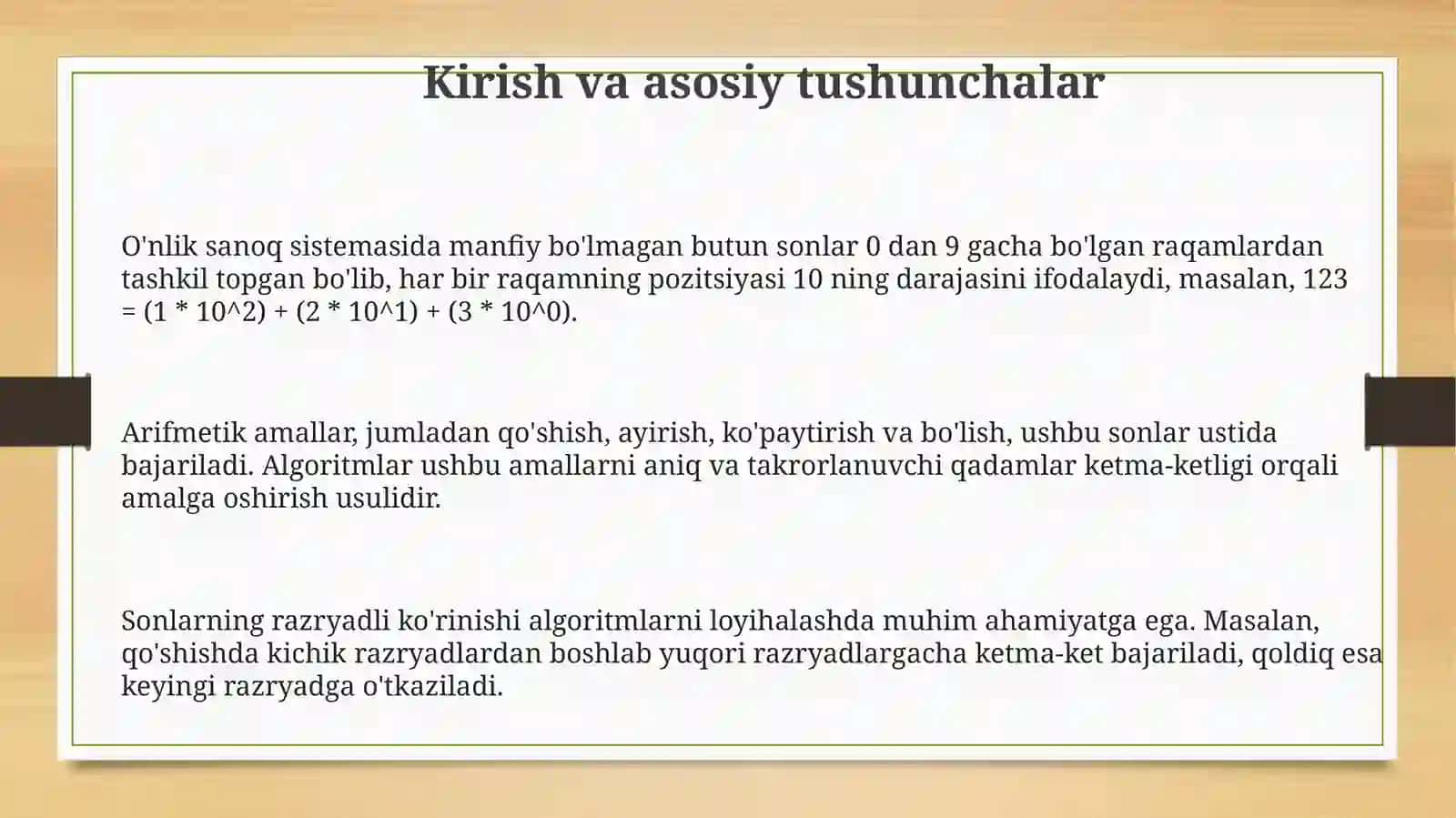 Oʻnli sanoq sistemasidagi nomanfiy butun sonlarni arifmetik amallarning algoritmi 3