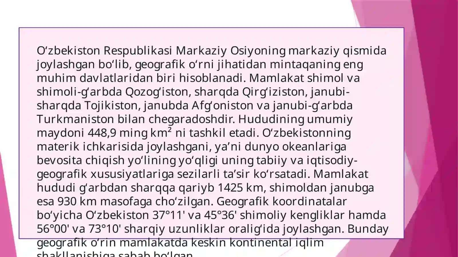O’zbekiston tabiiy sharoiti va resruslarning xo’jalikdagi ahamiyati mavzusida 3