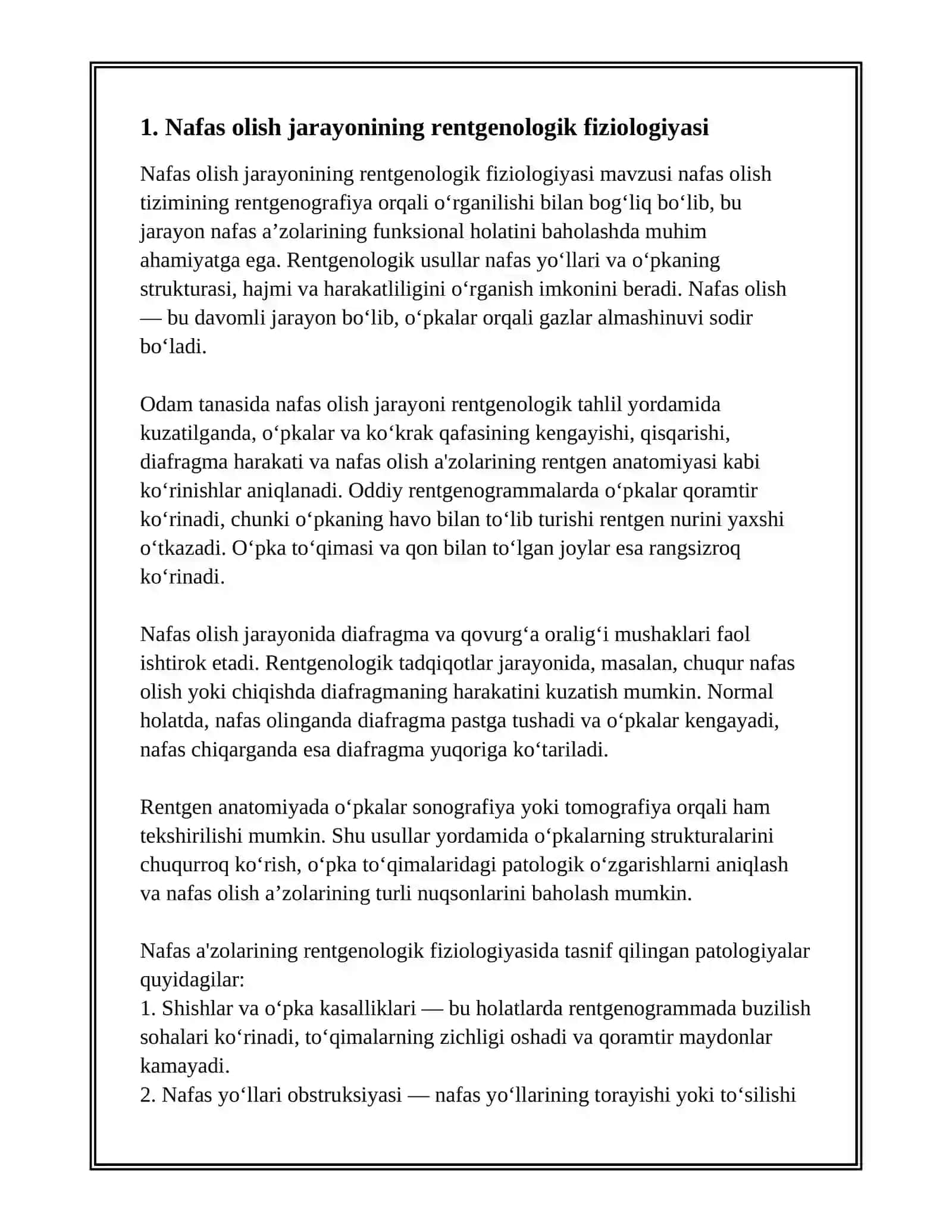 NAFAS OLISH JARAYONI. NAFAS A'ZOLARINING RENTGEN ANATOMIYASI VA RIVOJLANISH NUQSONLARI 3
