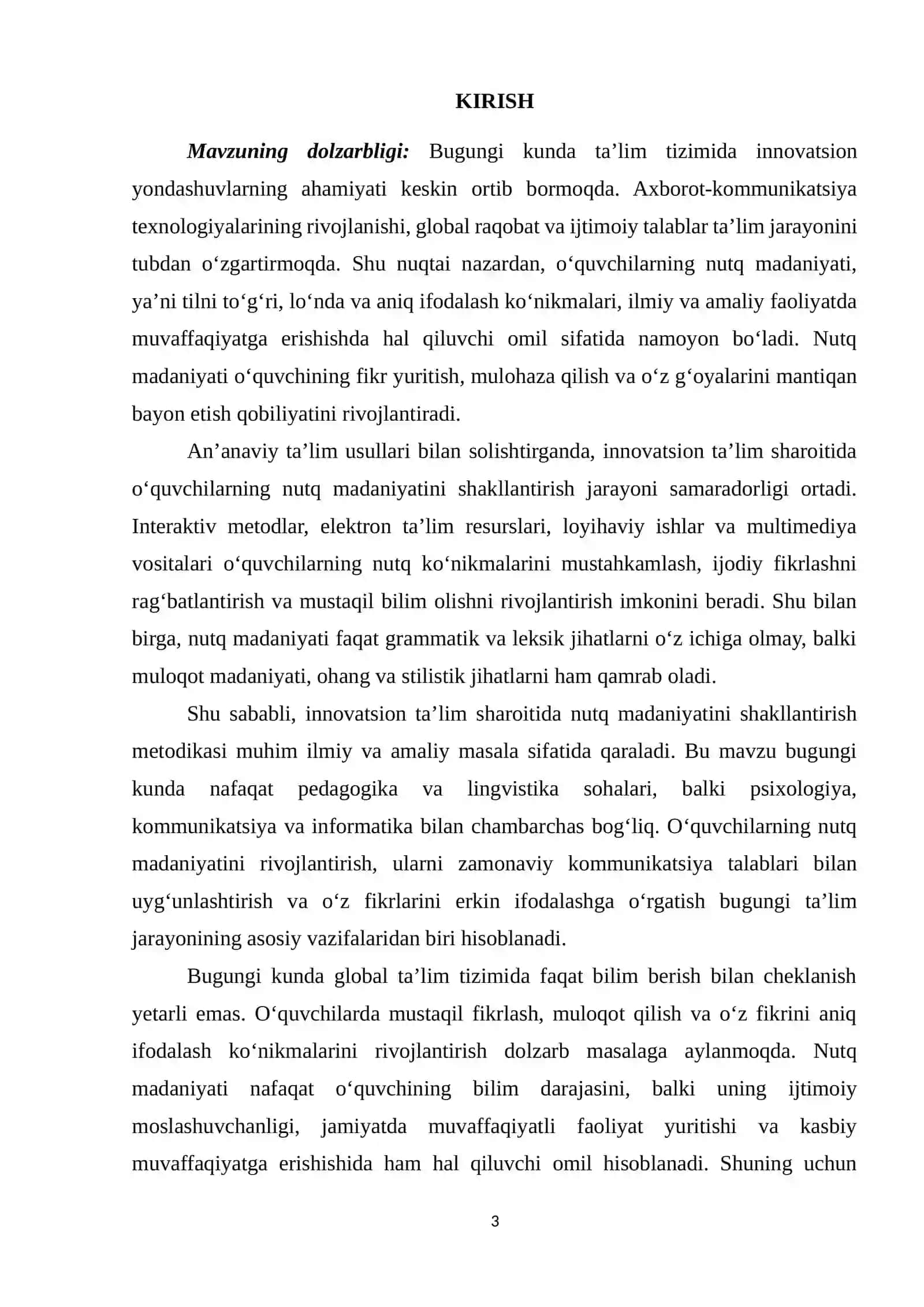 Innovatsion ta’lim sharoitida o’quvchilarning nutq madaniyatini shakllantirish metodikasi (kurs ishi) 3