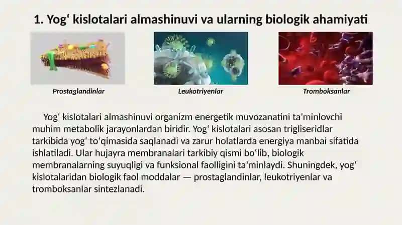 Yog` kislotalari almashinuvi: yog` kislotalarining β-oksidlanishi. Keton tanalari. Yog` kislotalarining biosintezi 3