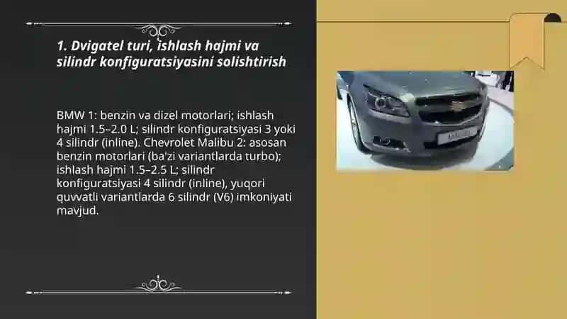 BMW 1 va malibu 2 avtomobillarini texnik xarakteristikalarini solishtirish 3