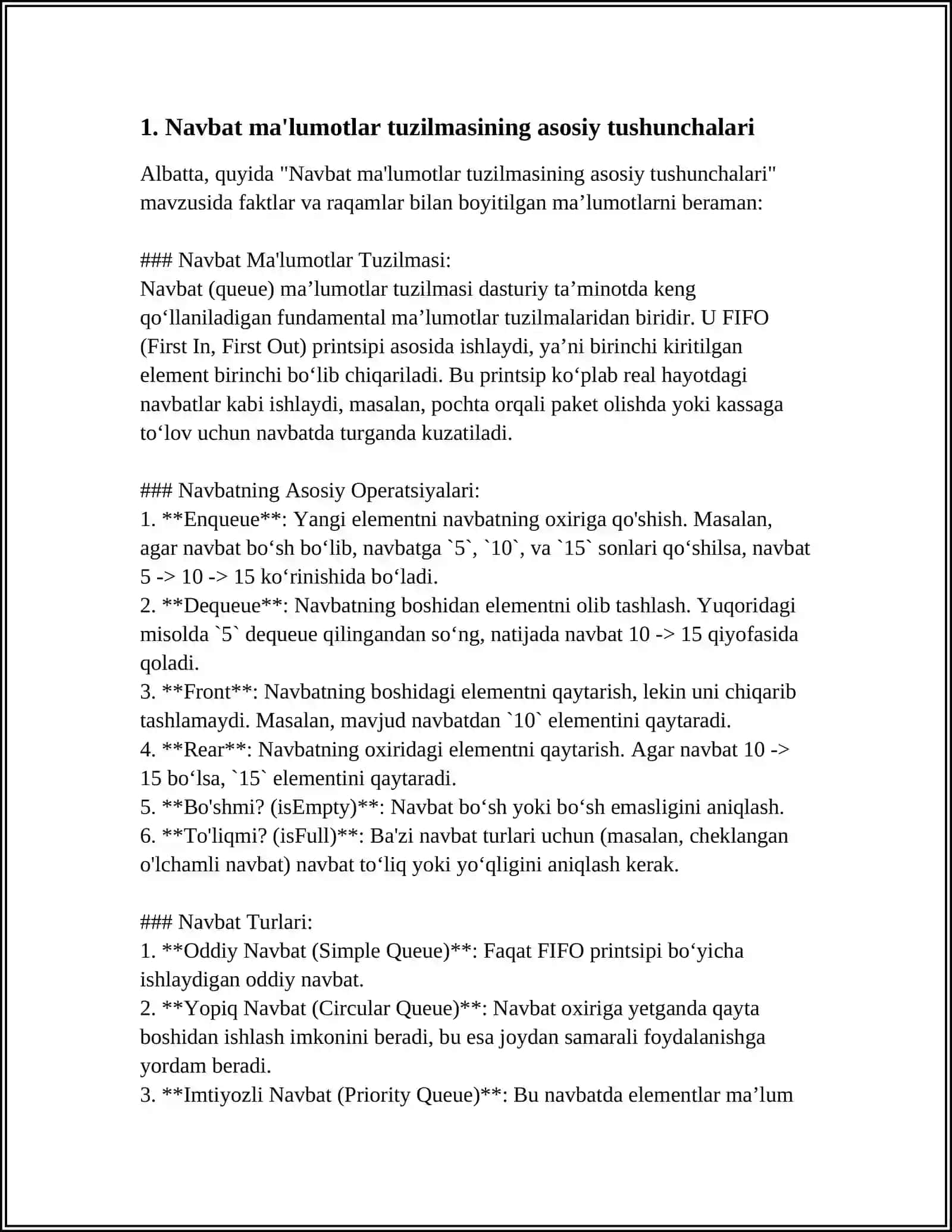 QUEUE (NAVBAT) MA'LUMOTLAR TUZILMASI VA UNING AMALIY QO'LLANILISHI 3