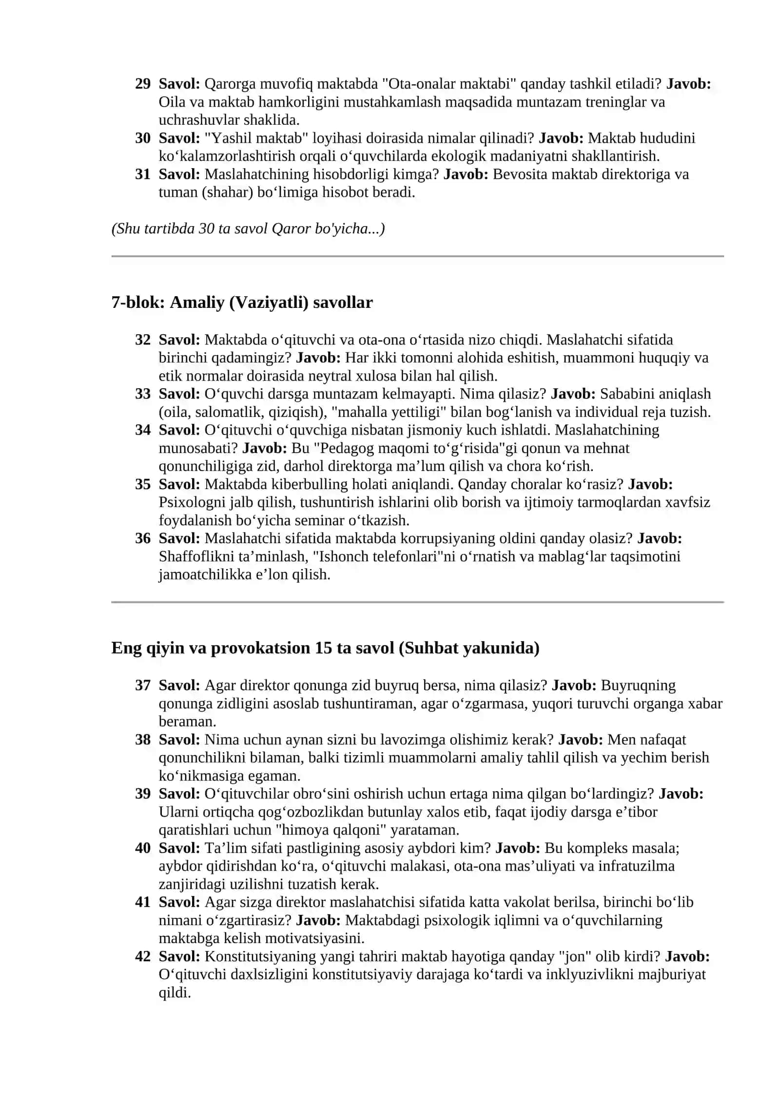 Direktor maslahatchisi lavozimiga nomzodlar uchun suniy intelekt yordamida yaratilgan 100 ta savol javob 3