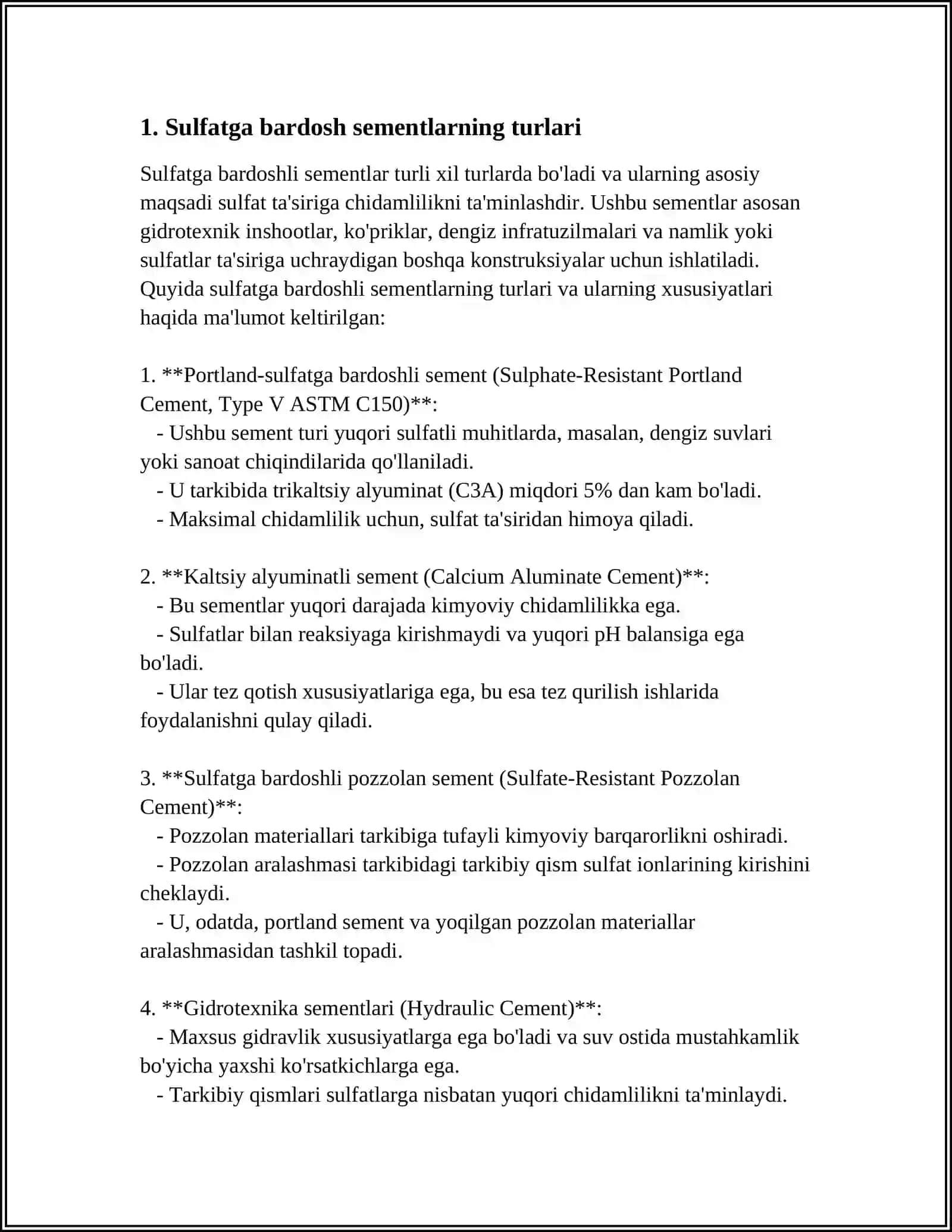 Sulfatga bardosh sementlarning turlari 3
